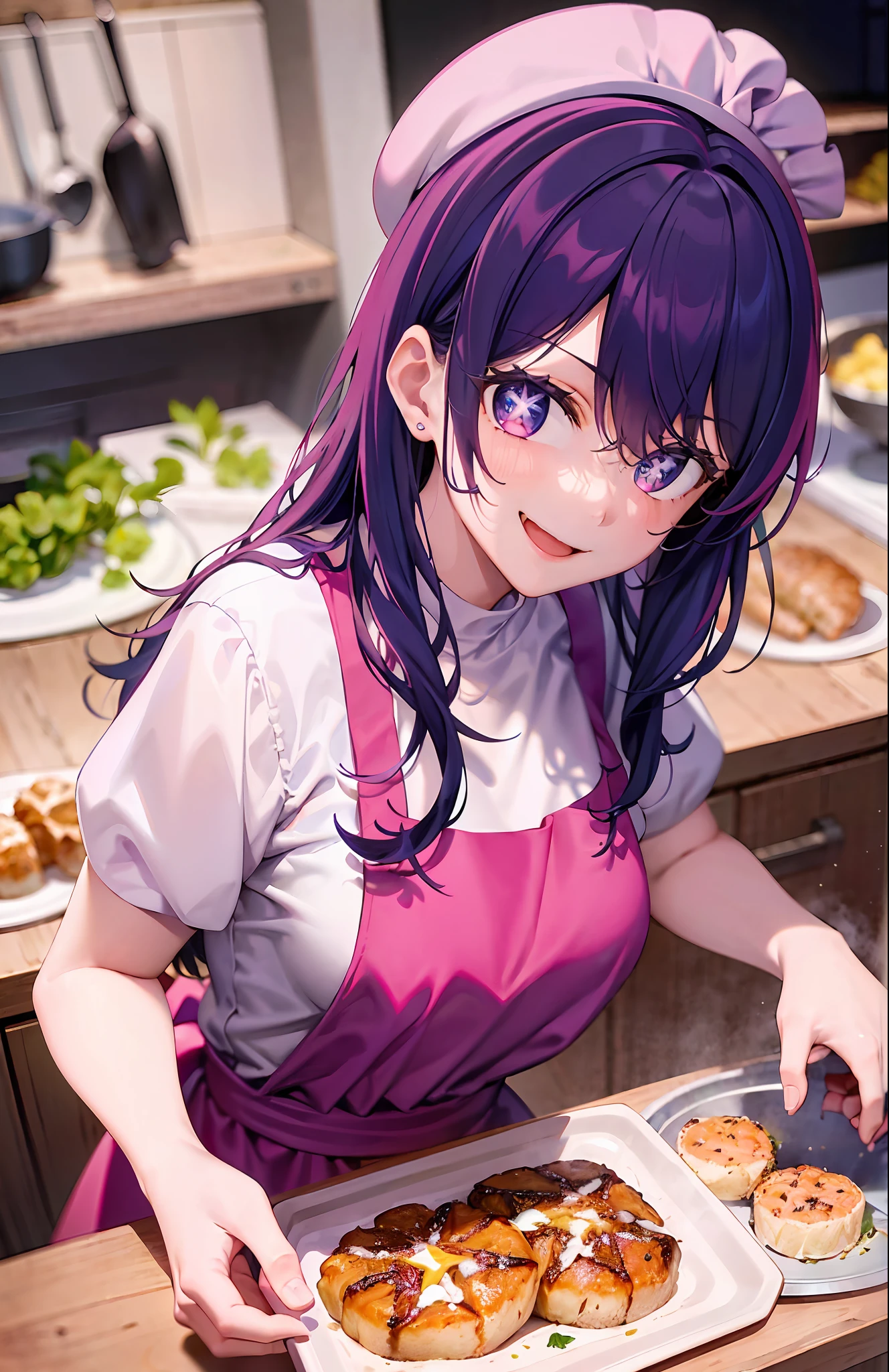 one-girl,Cook((There is a five-pointed star in the eye))Gorgeous Hair in Long Purple,looki at viewer,Chef costume,chef hat,kitchens,ssmile,grinning smile,large mouth