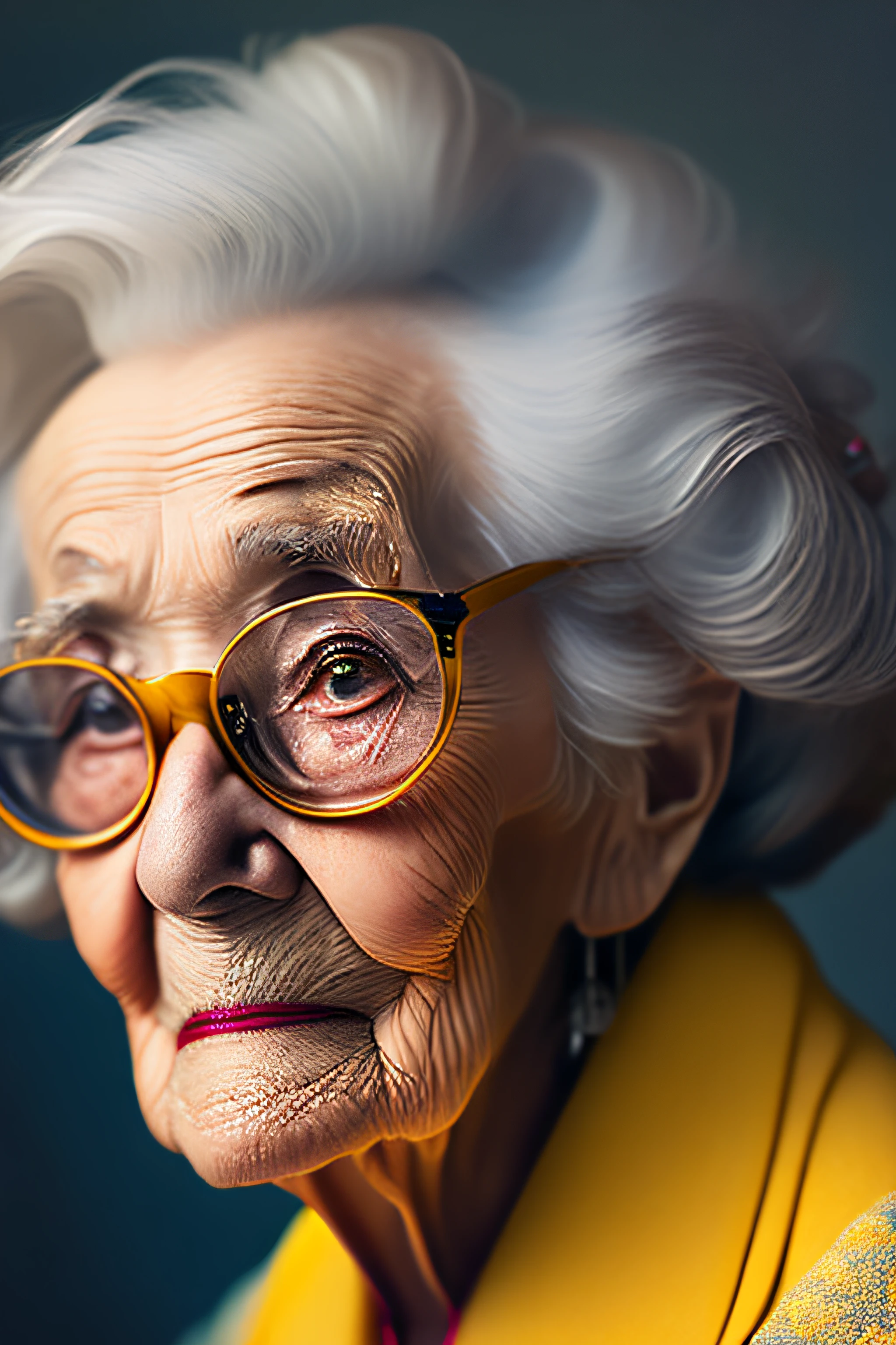 an older woman with yellow glasses and a flower in her hair, hyperrealistic digital art, stunning artwork, ultra-realistic digital art, highly realistic digital art, hyper realistic digital art, hyperrealistic mixed media, old lady, beeple and jean giraud, the look of an elderly person, photography hyperrealism, by derek zabrocki, ultrarealistic digital art
