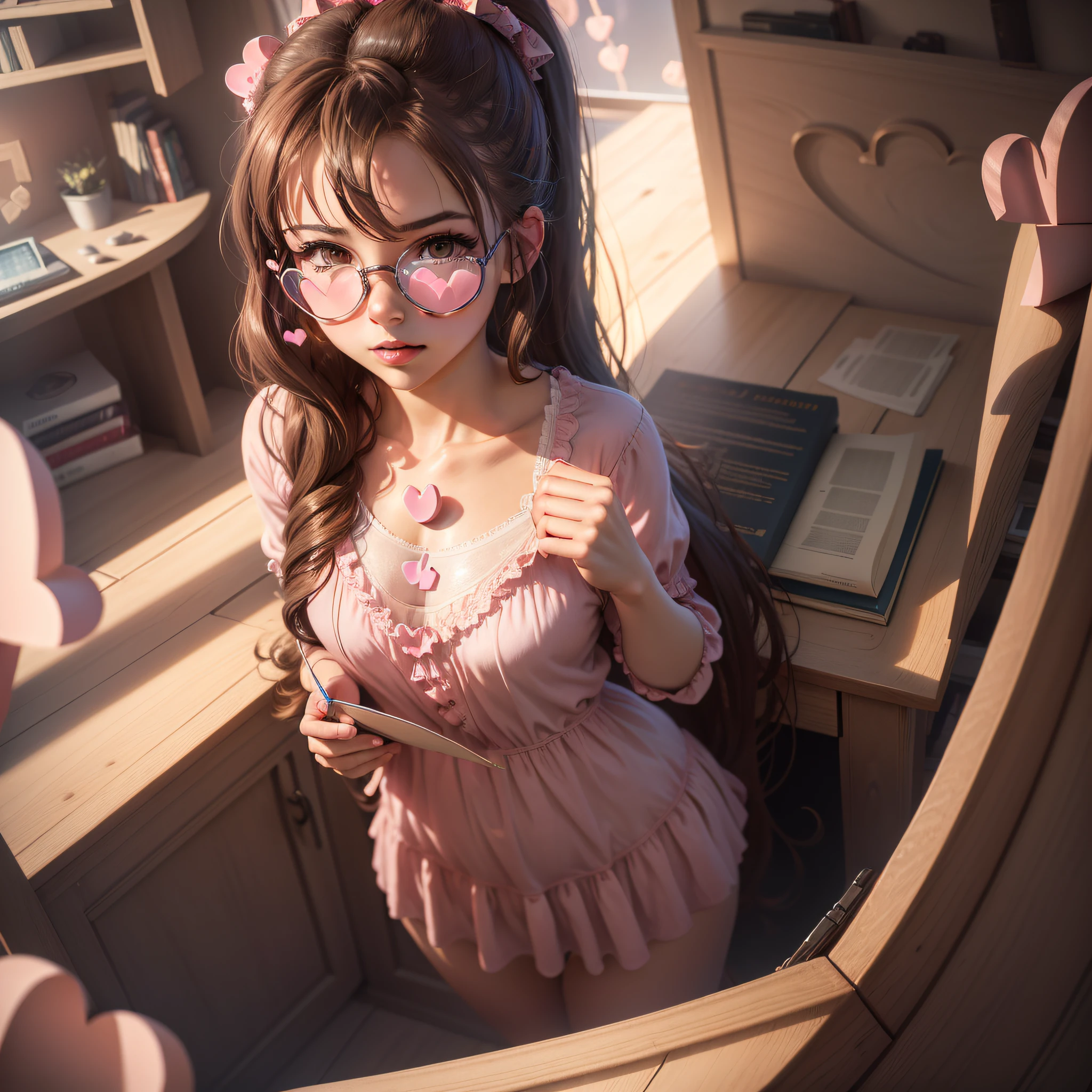 (masterpiece, best quality, absurdres, keyvisual, caustics, cinematic lighting, dynamic composition), (((love hearts))), a petite Italian girl with long brown hair, pink glasses, and a ponytail, computers, books, bedroom scenery, bed, blush, full body, nightie, looking at viewer,