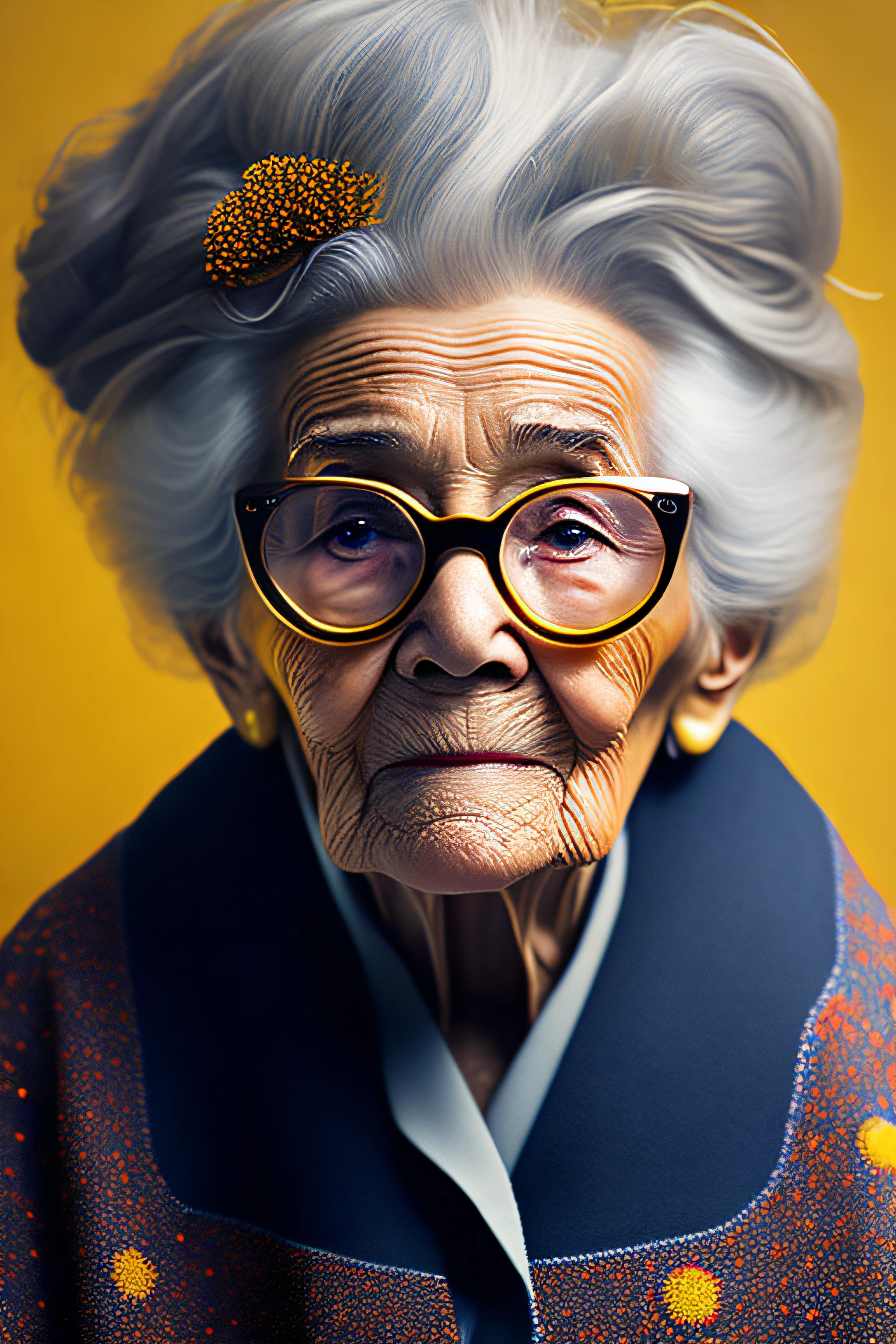 an older woman with yellow glasses and a flower in her hair, hyperrealistic digital art, stunning artwork, ultra-realistic digital art, highly realistic digital art, hyper realistic digital art, hyperrealistic mixed media, old lady, beeple and jean giraud, the look of an elderly person, photography hyperrealism, by derek zabrocki, ultrarealistic digital art