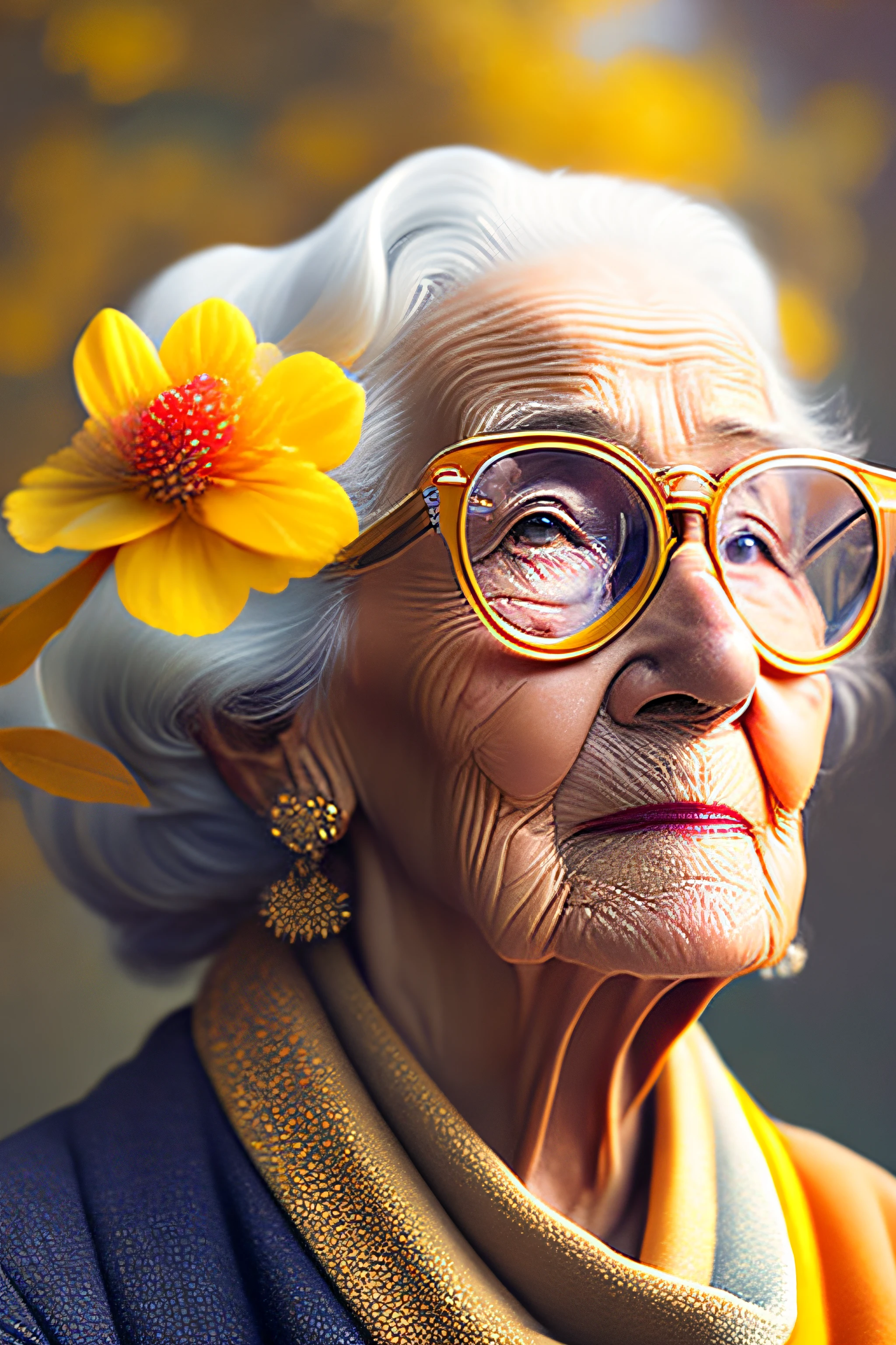 an older woman with yellow glasses and a flower in her hair, hyperrealistic digital art, stunning artwork, ultra-realistic digital art, highly realistic digital art, hyper realistic digital art, hyperrealistic mixed media, old lady, beeple and jean giraud, the look of an elderly person, photography hyperrealism, by derek zabrocki, ultrarealistic digital art
