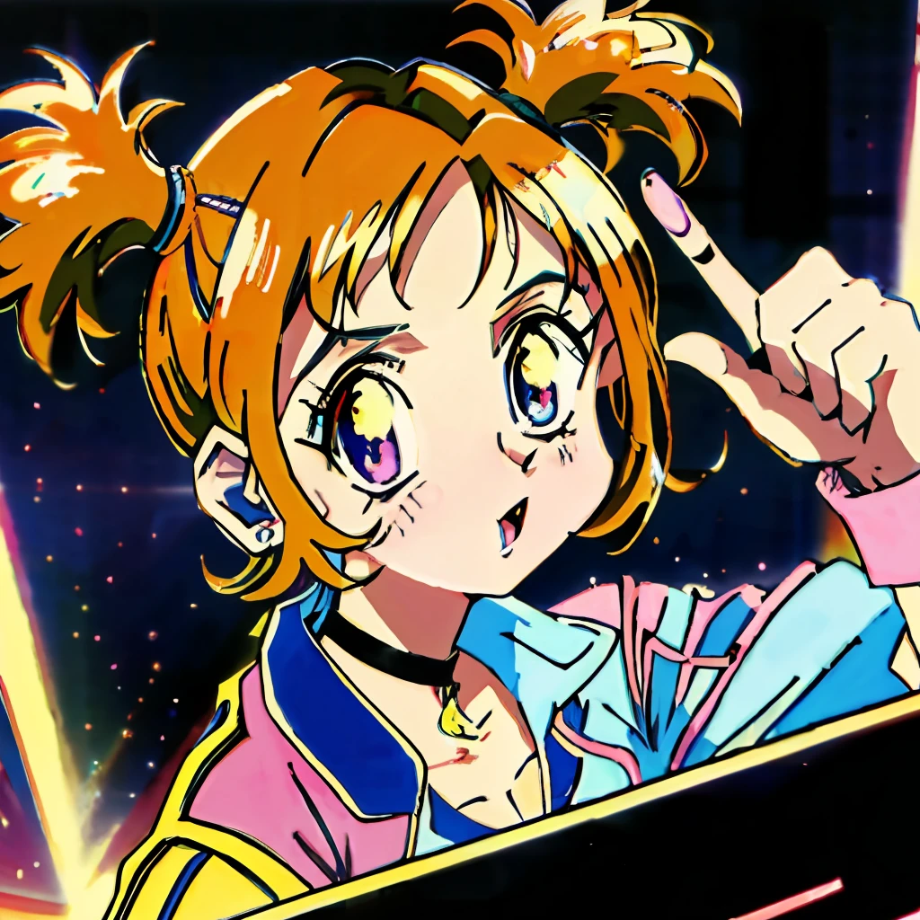 Retro Anime、1990s anime、1980s anime、RuiPC,1girl,SHINES,magia,hovering,Facing your audience,shout out,distress,Extraordinary Beauty、blacks、Twin-tailed