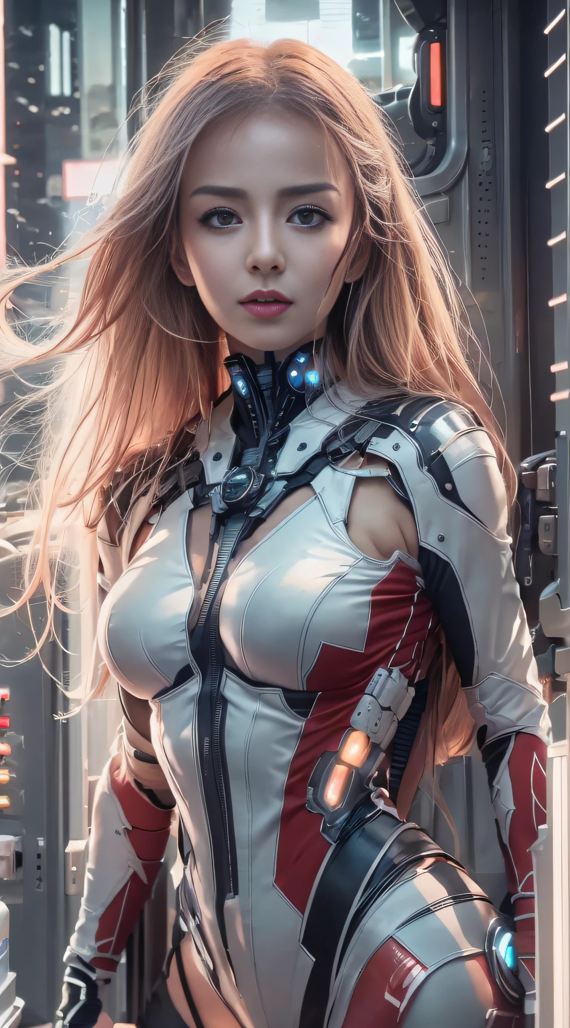 Highest image quality，Outstanding details，超高分辨率，（Fidelity：1.4），The best illustration，Favor the details，closeup cleavage，A mech girl，He has a delicate and beautiful face，（（Red and white semi-mechanical body：1.8）），Raised sexy，cleavage，frontage，cyber punk perssonage，Futuristic，mechanically aesthetic，Complex machinery，The background is a high-tech lighting scene in the future city，Virtual Engine 5，Perfect detail rendering，rendering by octane，hyper HD