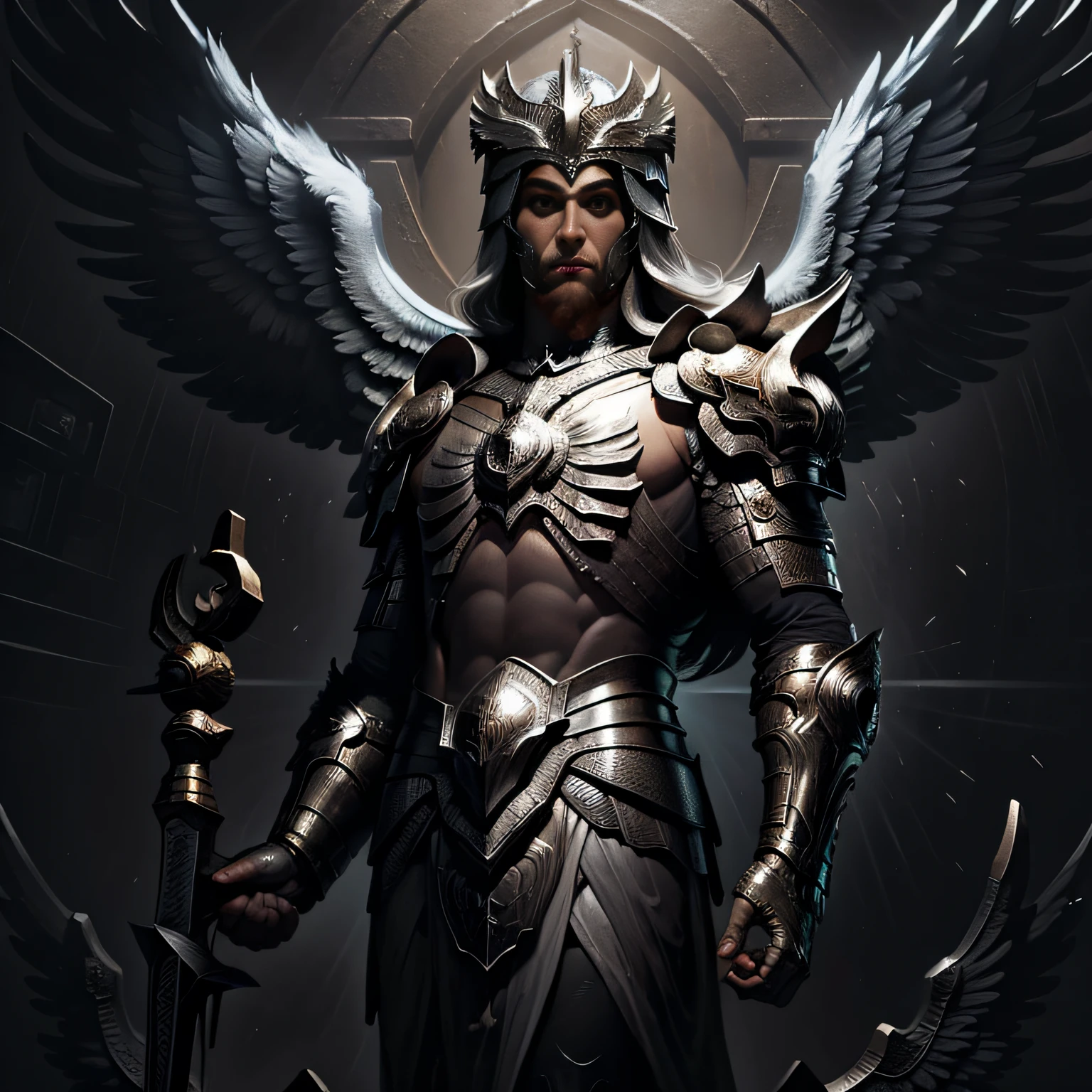 anjo com grandes asas, olhar brilhantes, segurando foice
