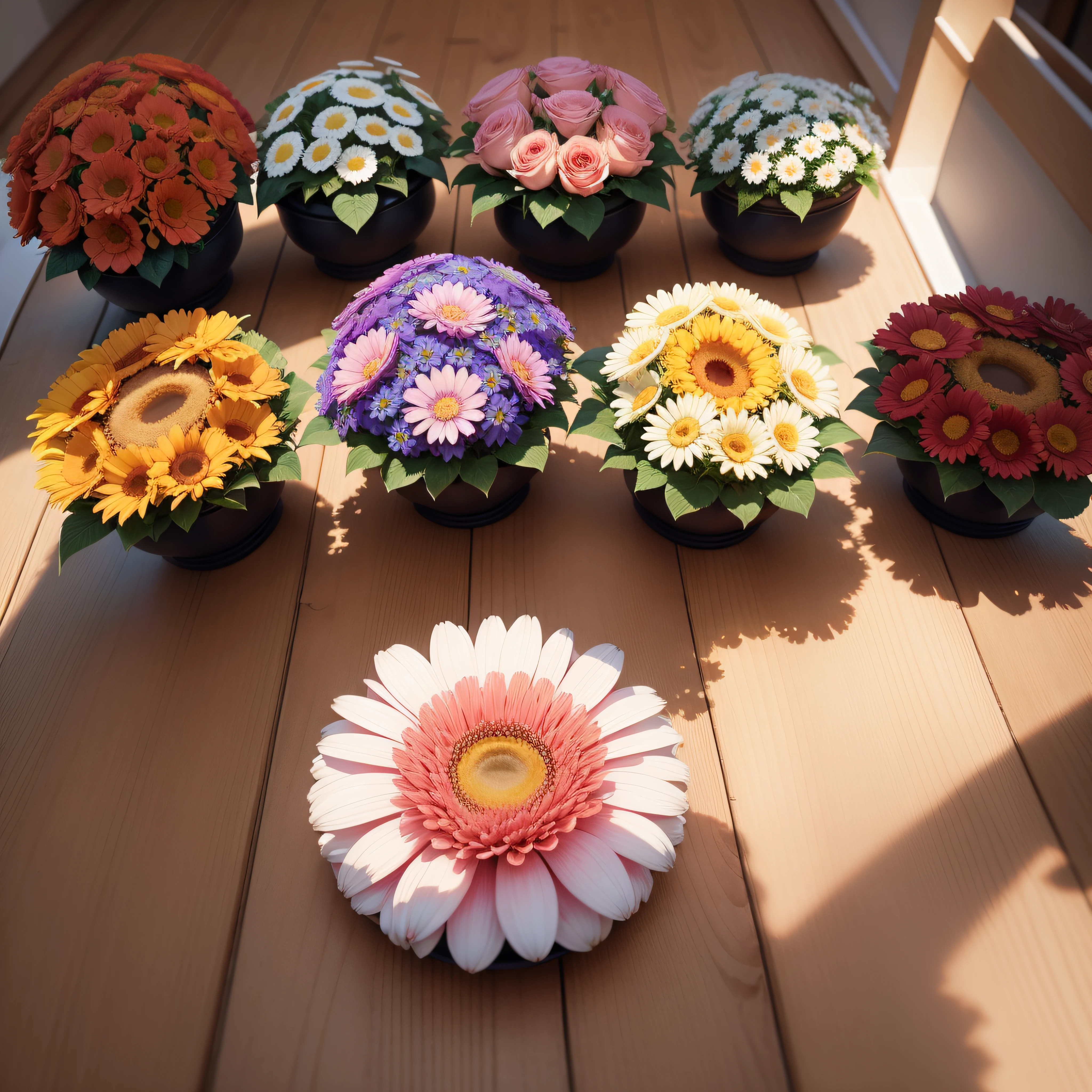 Imagina un hermoso collage de flores gerberas 3D, colocadas unas al lados de las otras, inclusive superpuestas unas sobre otras. In different sizes, con colores rosa, morados, blancos, azules.Ultra high quality realistic photography. 4K. Each symmetrical flower. With details in the pistils and their petals.