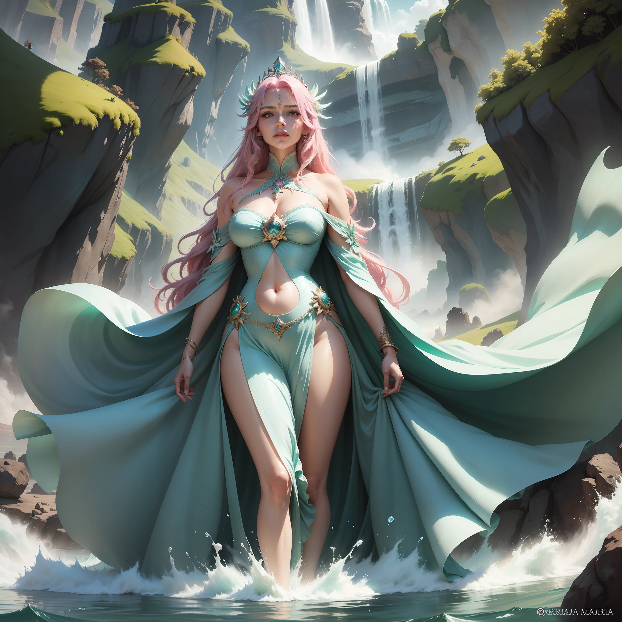 1 woman in a mint green dress with pink hair standing in a river, uma bela imperatriz de fantasia, deusa anime, ((uma bela imperatriz de fantasia)), deusa da natureza, deusa bonita, Atlantean mystical valkyrie, fantasia linda, deusa da beleza, goddess of summer, bela fada adulta, estilo de fantasia vibrante, majestosas, fantasia xianxia