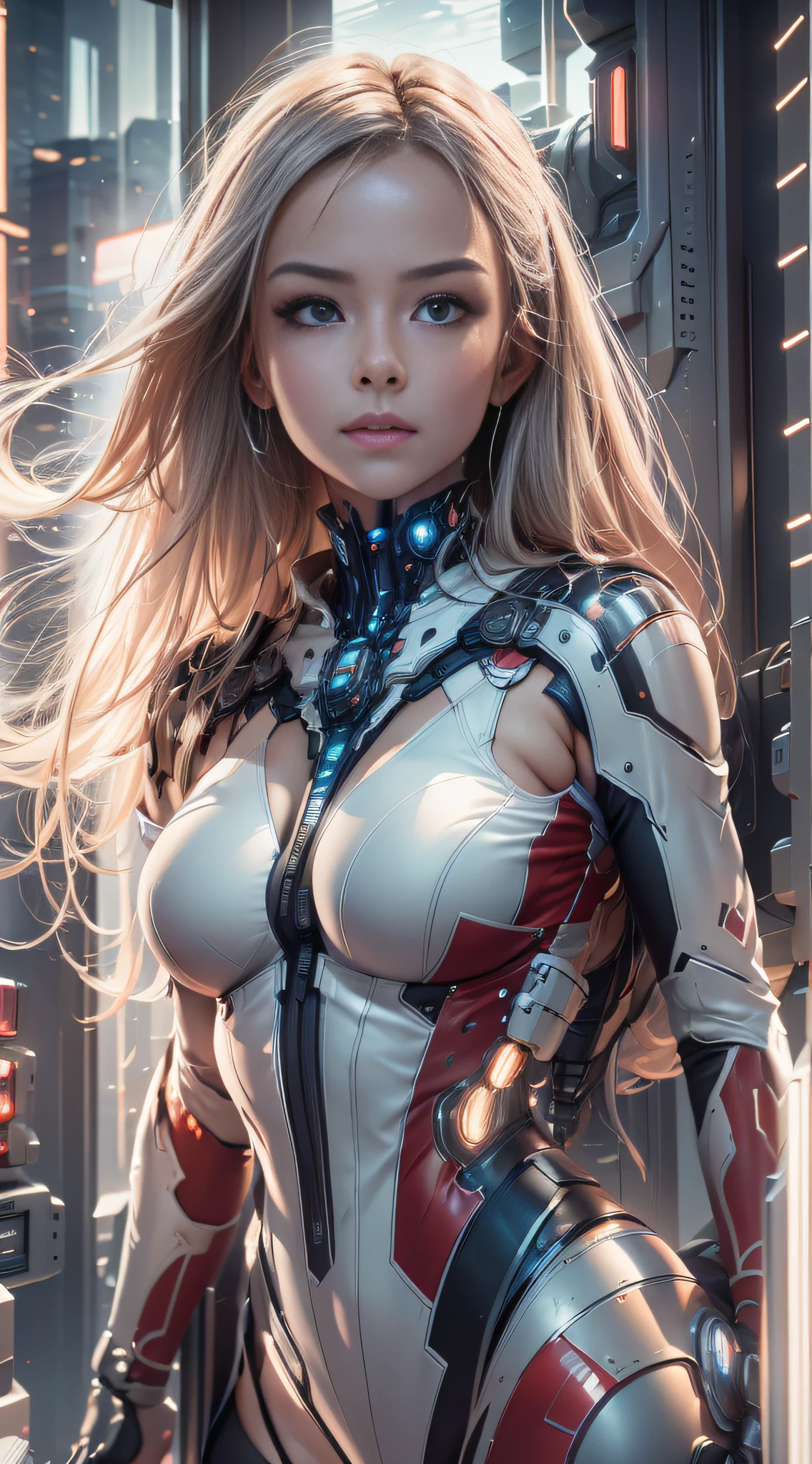 Highest image quality,Outstanding details,超高分辨率,(Fidelity:1.4),The best illustration,Favor the details,closeup cleavage,A mech girl,He has a delicate and beautiful face,((Red and white semi-mechanical body:1.8)),Raised sexy,cleavage,frontage,cyber punk perssonage,Futuristic,mechanically aesthetic,Complex machinery,The background is a high-tech lighting scene in the future city,Virtual Engine 5,Perfect detail rendering,rendering by octane,hyper HD