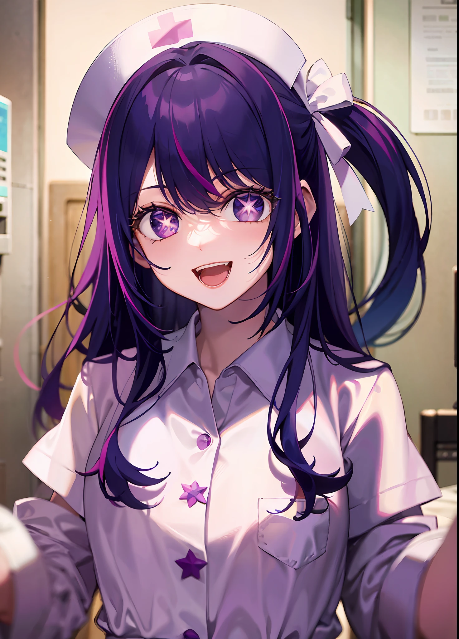 one-girl,nurses((There is a five-pointed star in the eye))Gorgeous Hair in Long Purple,Smile,Open mouth ,nurses,hospitals,White nurse clothes,White nurse hat,looki at viewer,