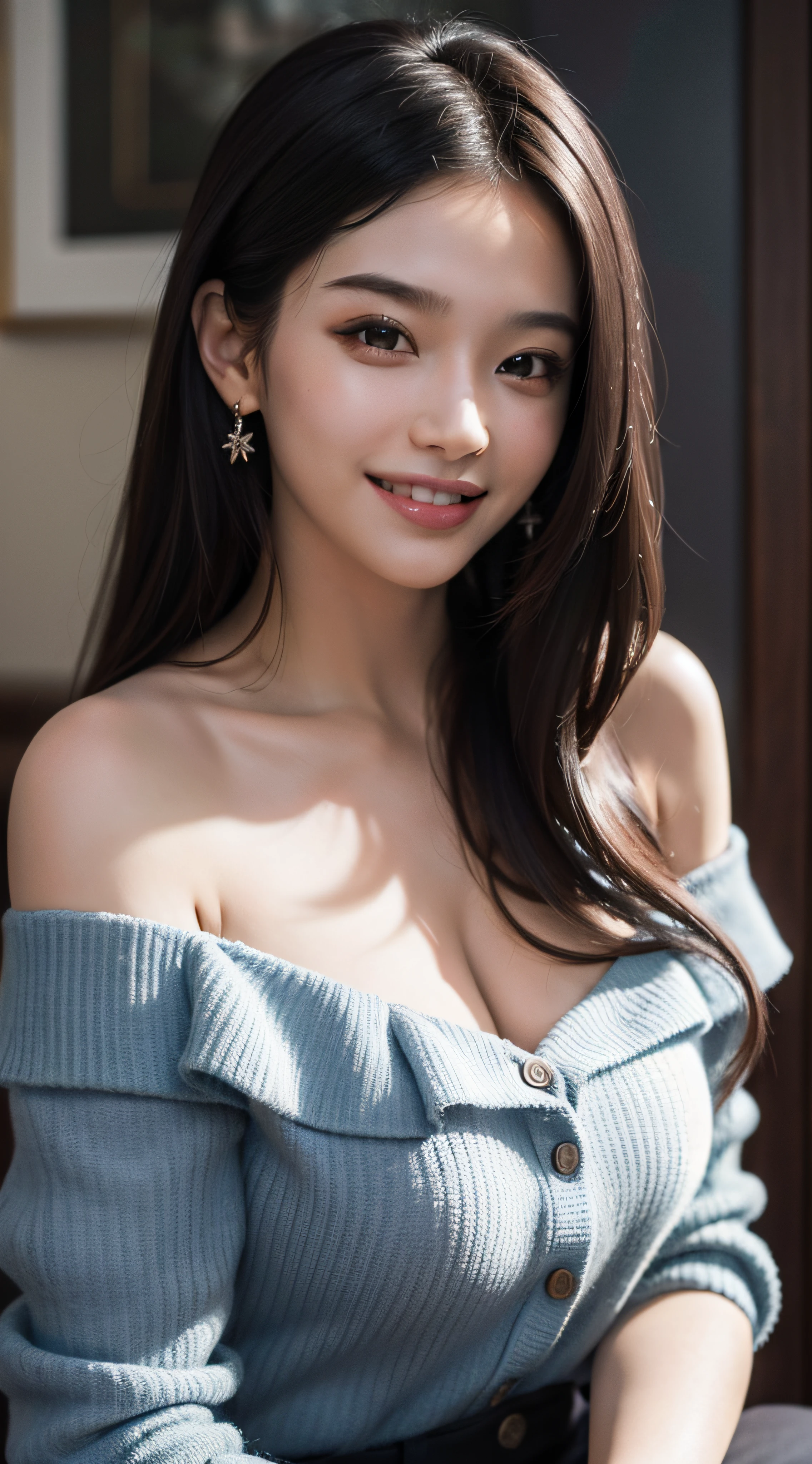 best quality, masterpiece, ultra high res, photorealistic, 1girl, offshoulder, smile