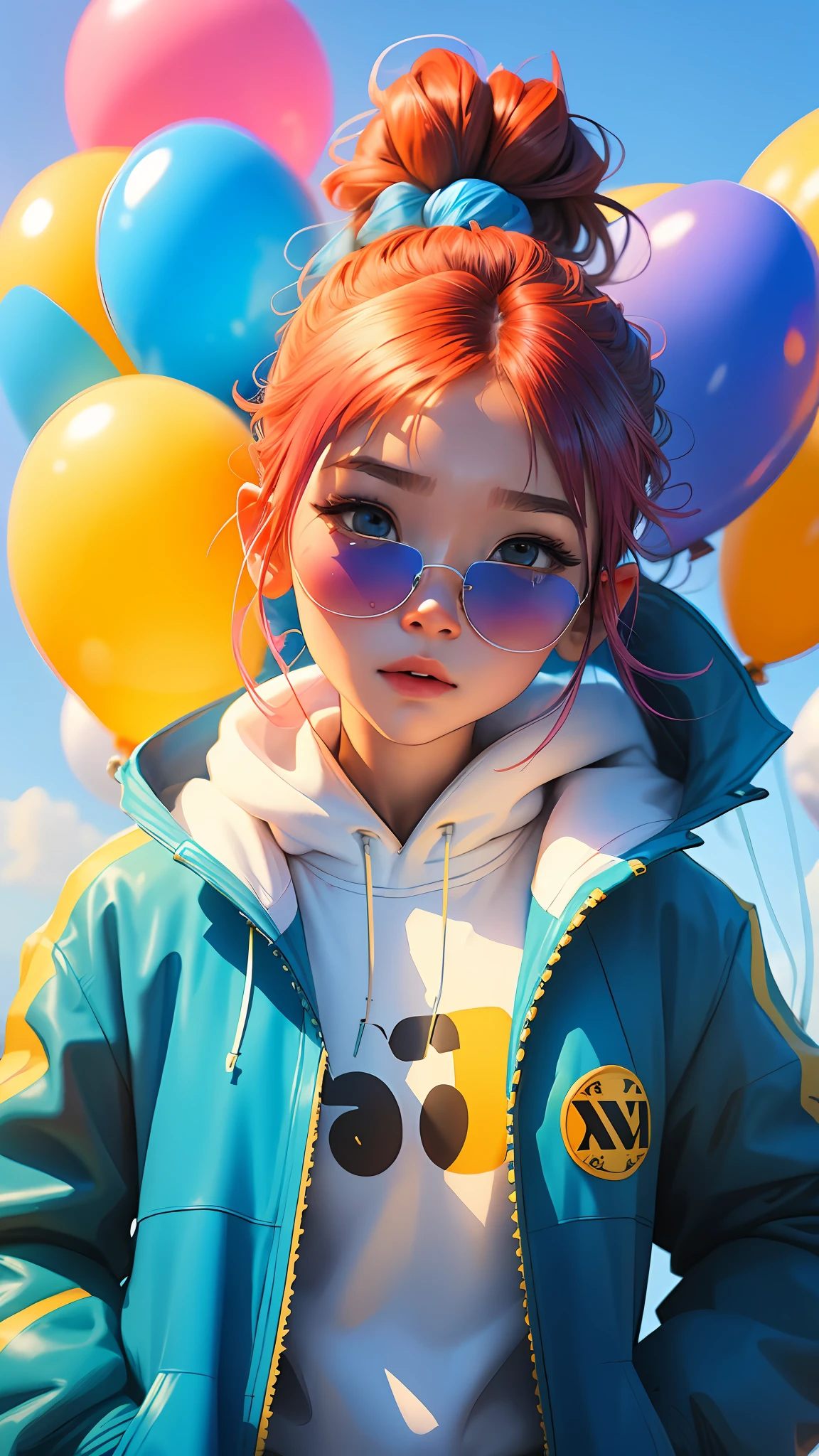 **** girl, beautiful and cute, wearing blue sunglasses, yellow jacket, white sweatshirt, lots of colorful balloons, baby face, chibi style, red and blue two-color hair, ponytail braided hair, perfect detail eyes, delicate face, perfect CG, HD picture quality, colorful balloons, sky,