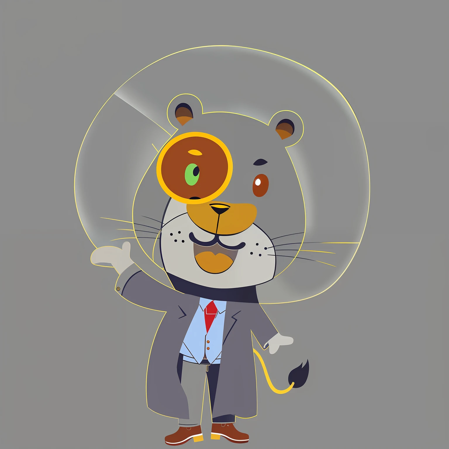 Cartoon lion wearing a gray polo shirt,Wearing glasses,wearing a tie, Glasses resemble the eyes of anime cartoon characters,wearing a monocle, A circle of lion hair on the head,mascot illustrations, 2 d full body lion, inspired by Leo Leuppi, hd illustration, Cute lion, Professional character design, official character illustration, “portrait of a cartoon animal, cartoonish style