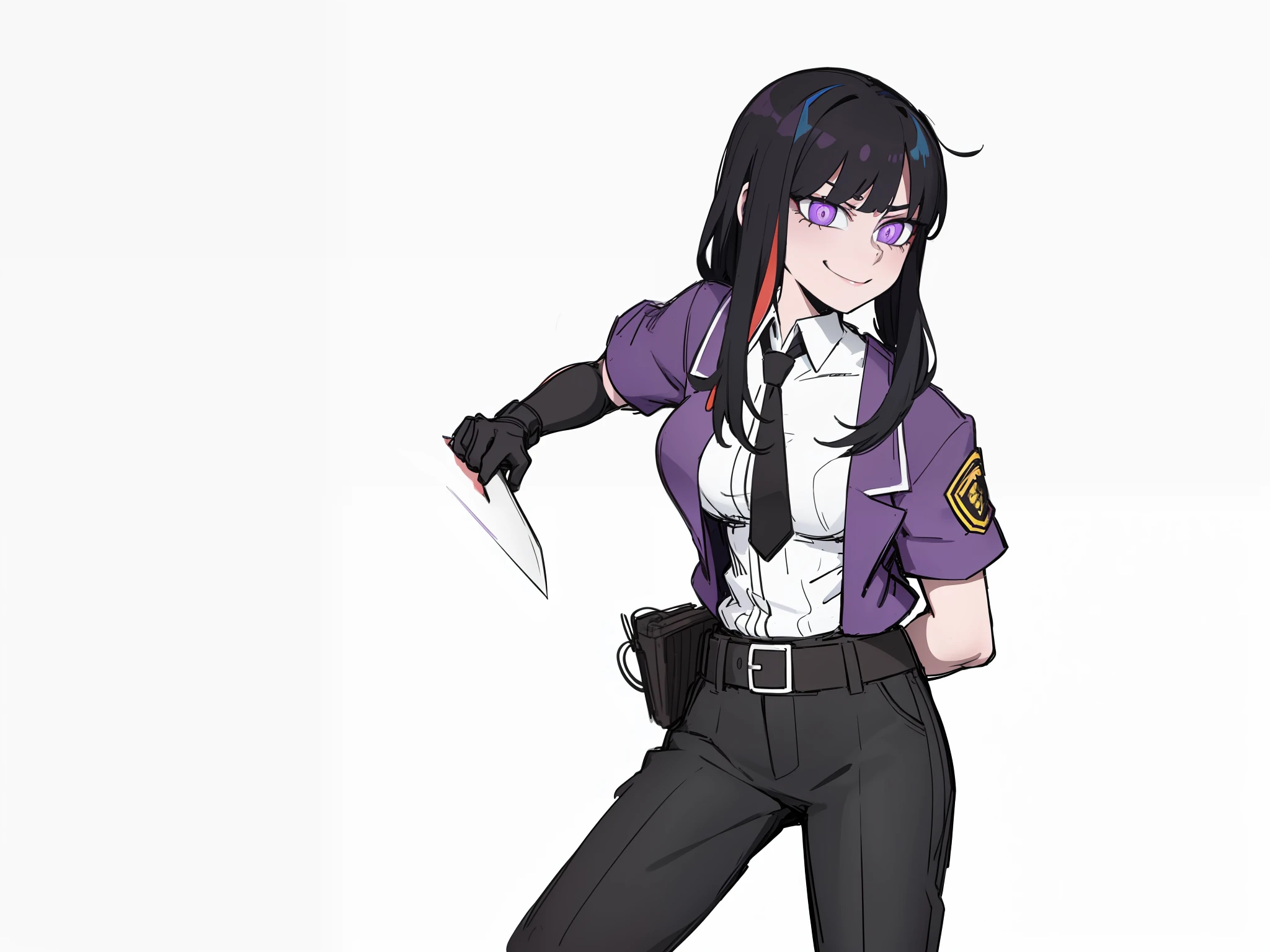 multicolored, long black hair, blue pupils, 1girl, cute, smug, smile, white chemise, purple jacket, big breasts, brown pant, weapon, knife