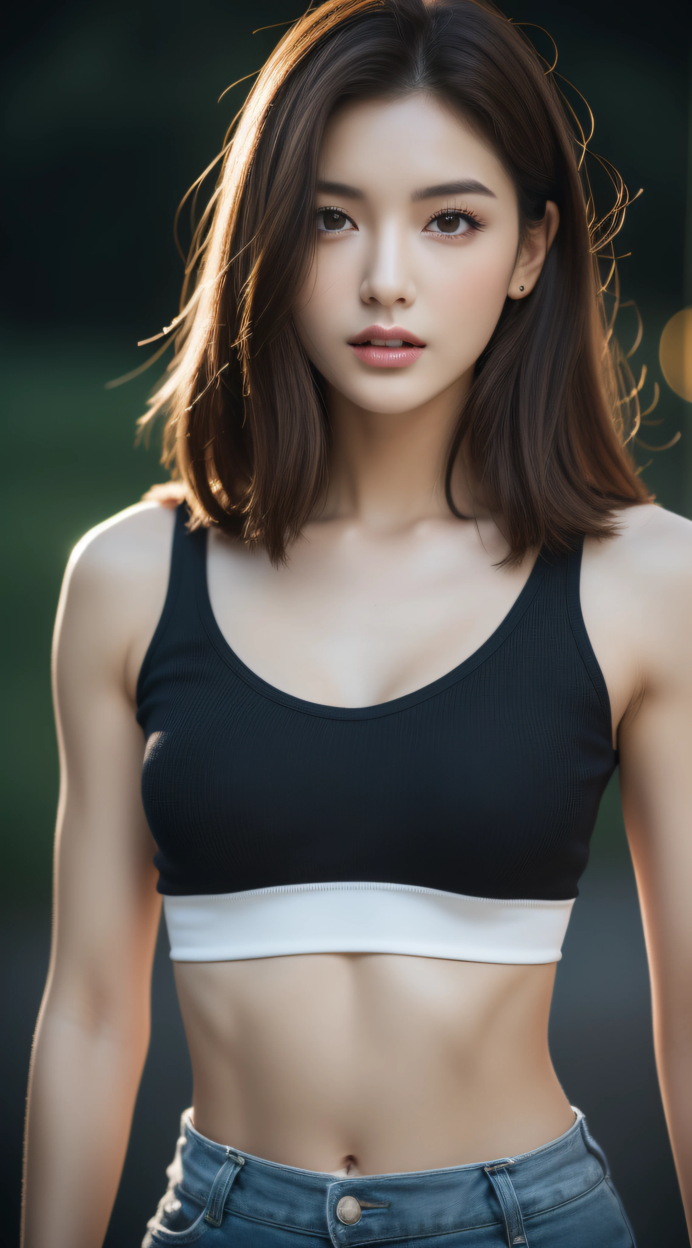 ((Realistic lighting, Best quality, 8K, Masterpiece: 1.3)), Clear focus: 1.2, 1girl, Perfect beauty: 1.4, Slim abs: 1.1, ((Dark brown hair)), (White crop top: 1.4), (Outdoor, Night: 1.1), Park view, Super fine face, Fine eyes, Double eyelids,