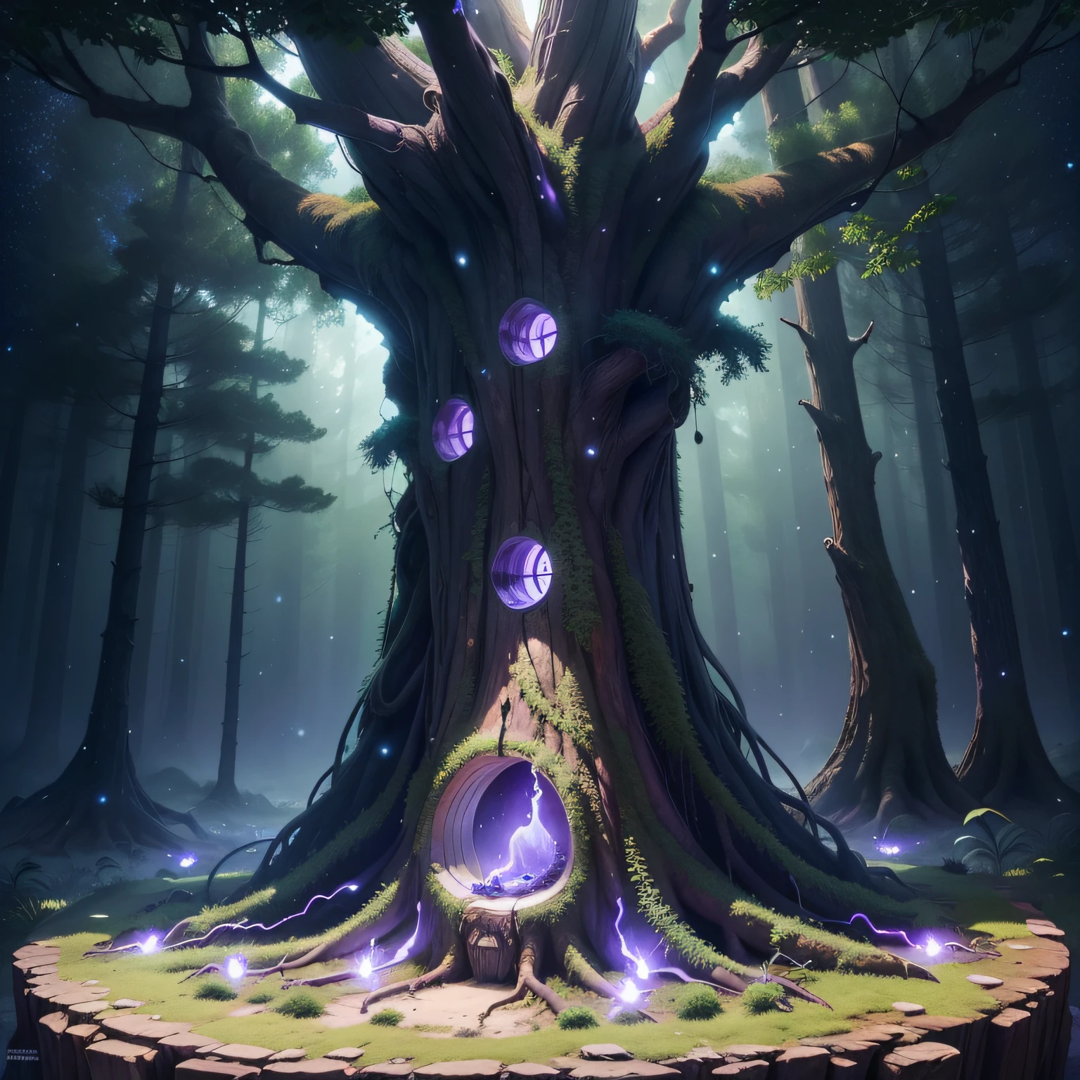 Thick-trunked, wide-crowned tree, estilo seringueira, with a hole in the middle of the trunk serving as the home of a mystical rabbit, with some roots out of the earth, vegetation around covered with green and low moss, in a mystical fairytale forest in a cosmic drawing-style setting, with a mysterious air and lighting in shades of purple and intense blue. In the air a few dots of white glows floating and galaxy background