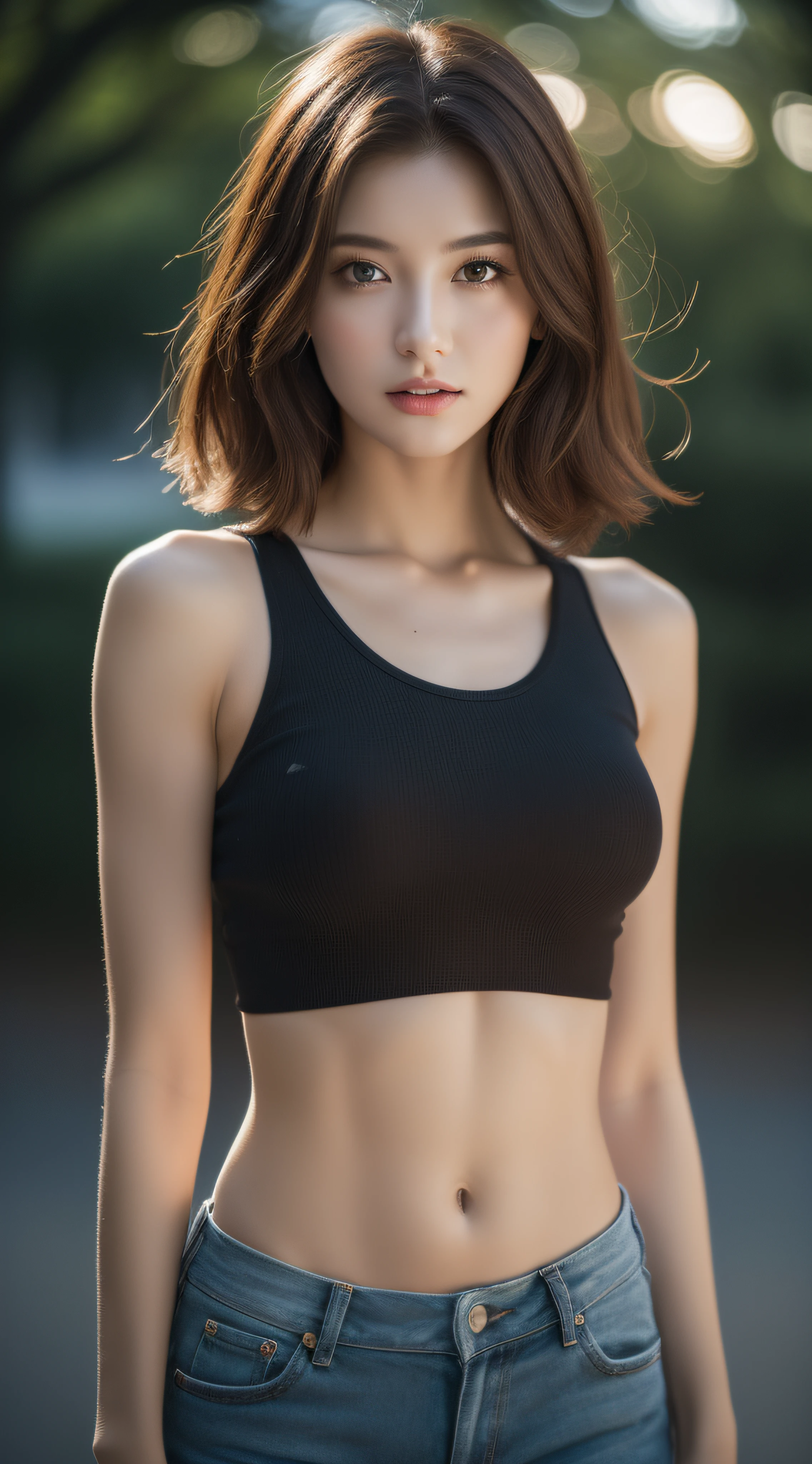 ((Realistic lighting, Best quality, 8K, Masterpiece: 1.3)), Clear focus: 1.2, 1girl, Perfect beauty: 1.4, Slim abs: 1.1, ((Dark brown hair)), (White crop top: 1.4), (Outdoor, Night: 1.1), Park view, Super fine face, Fine eyes, Double eyelids,