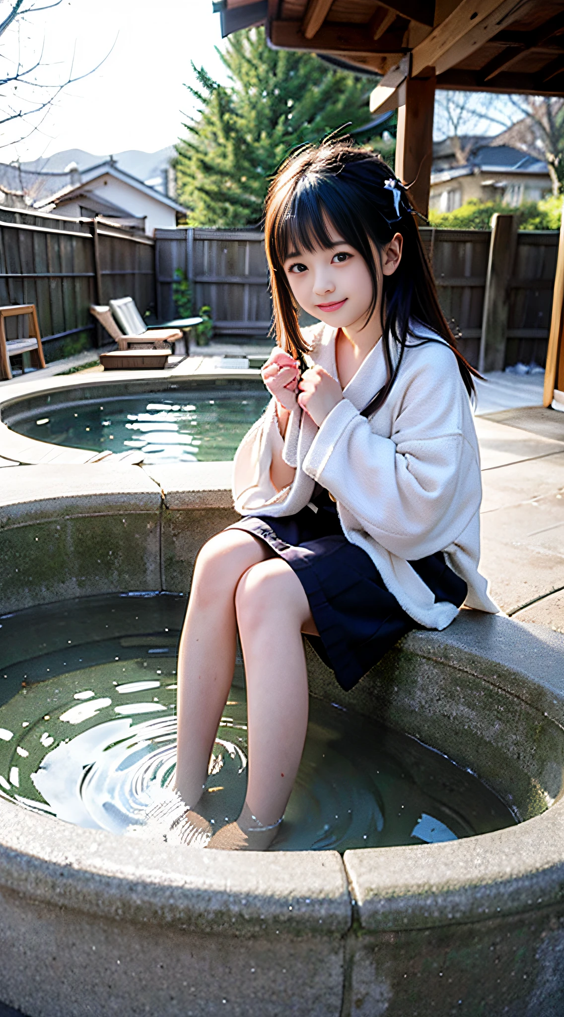 Beautiful little girl bathing in outdoor hot spring、washcloth、Winters