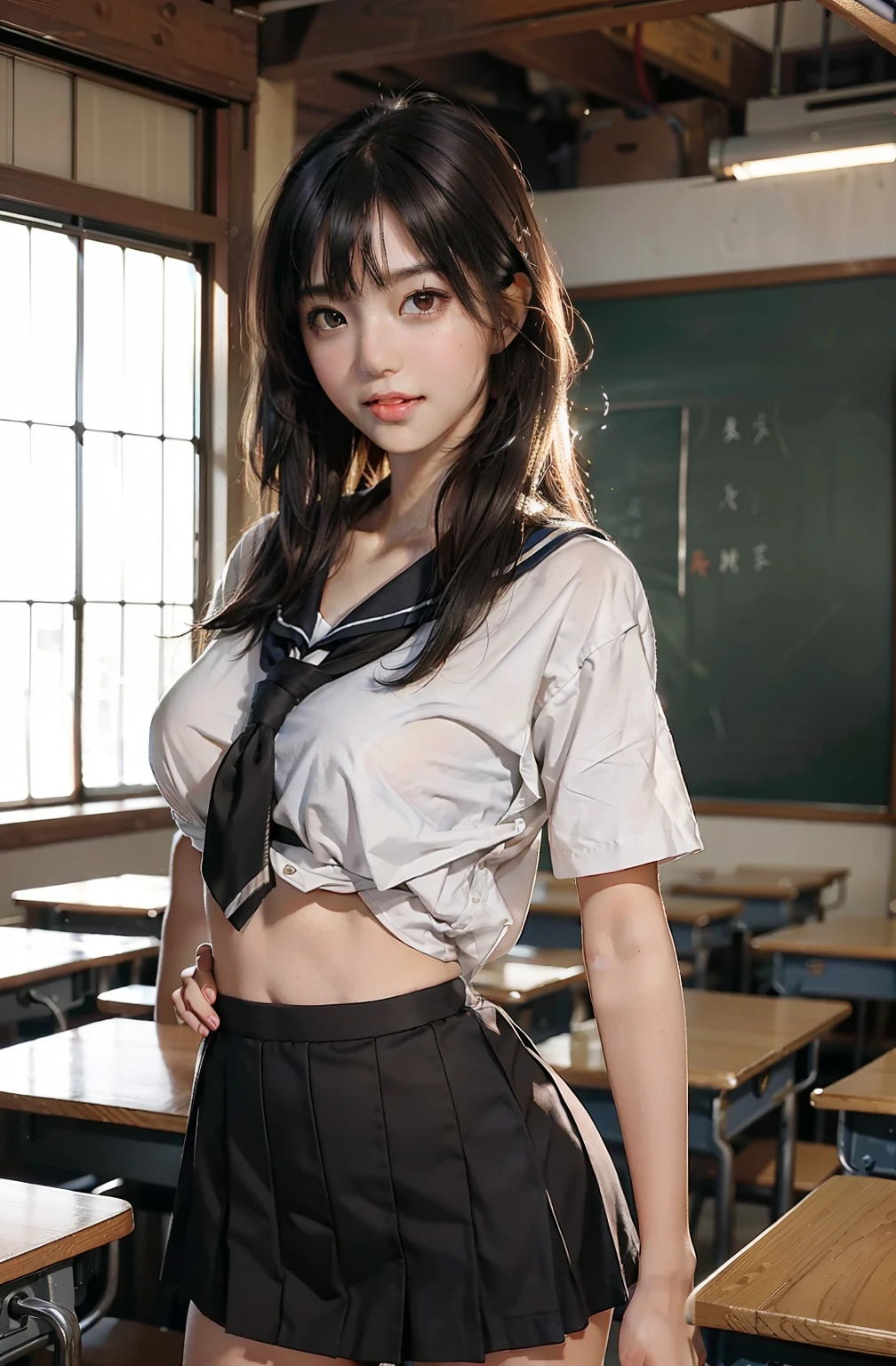 top-quality、​masterpiece、超A high resolution、(Photorealsitic:1.4)、Raw photo、女の子1人、Brown hair with bangs、drooing eyes、thin-waist、Colossal tits、Japan girl sailor suit、Black miniskirt、Inside the classroom、slim figure、Light smile with visible teeth