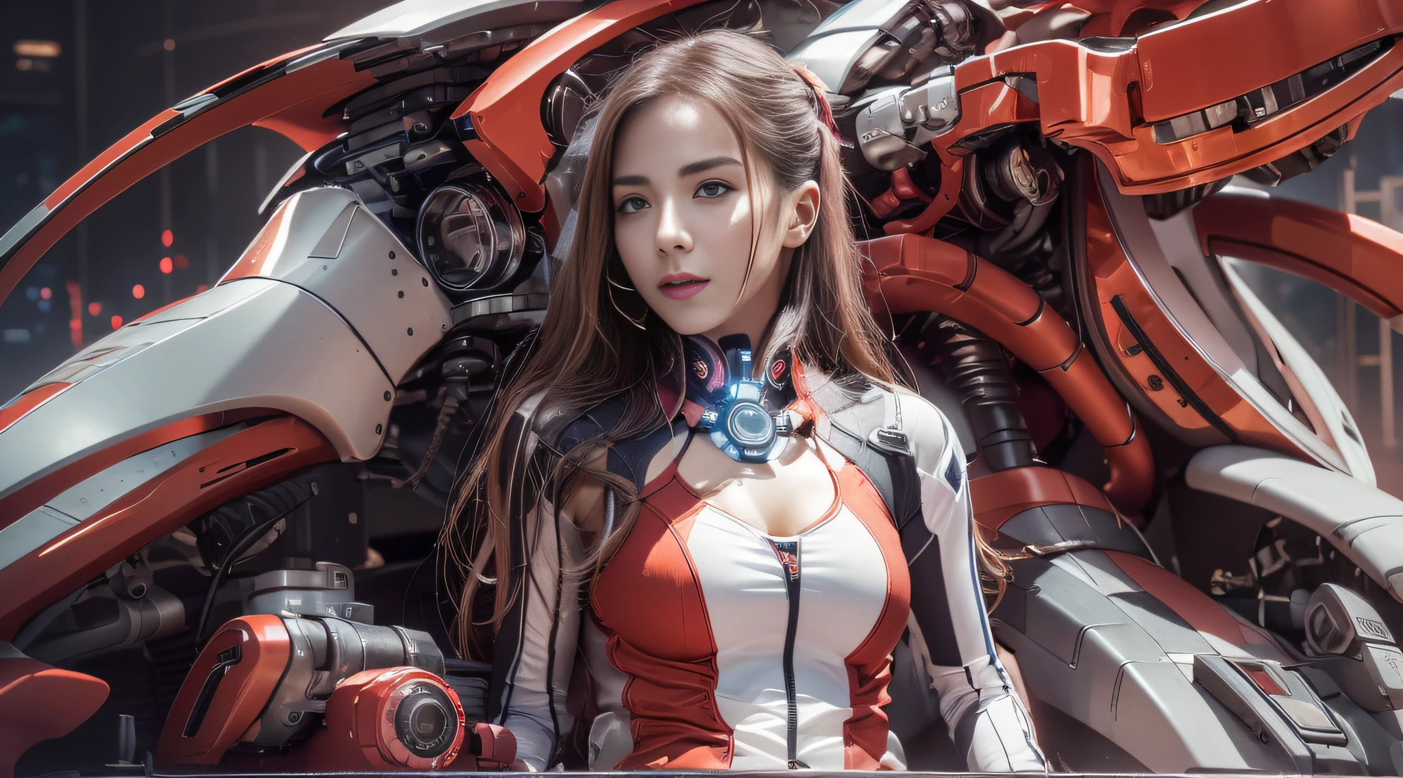 Highest image quality，Outstanding details，超高分辨率，（Fidelity：1.4），The best illustration，Favor the details，closeup cleavage，A mech girl，He has a delicate and beautiful face，（（Red and white semi-mechanical body：1.8）），Raised sexy，cleavage，frontage，cyber punk perssonage，Futuristic，mechanically aesthetic，Complex machinery，The background is a high-tech lighting scene in the future city，Virtual Engine 5，Perfect detail rendering，rendering by octane，hyper HD