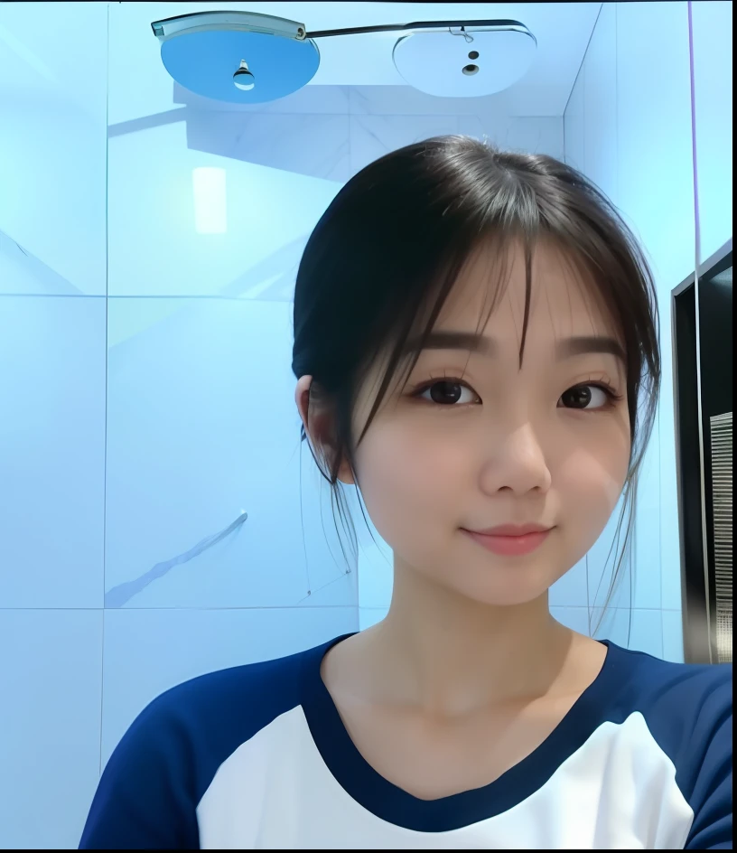 there is a woman taking a selfie in a bathroom mirror, with round face, 8k selfie photograph, south east asian with round face, with accurate face, personal profile picture, Face picture, young cute wan asian face, dang my linh, Ruan cute vtuber, in bathroom