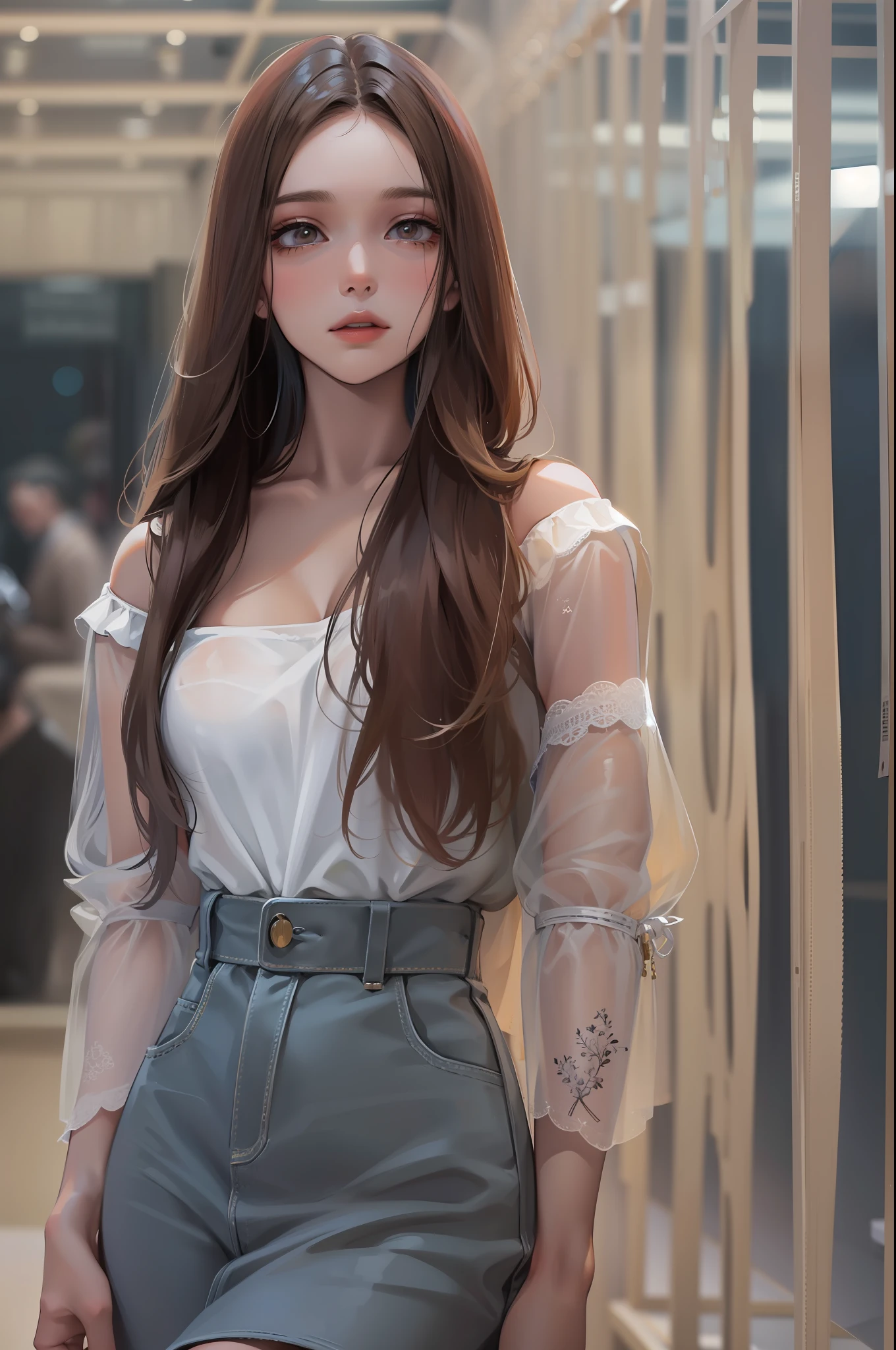 Model woman posing, Very beautiful 20 year old woman, The background is a room in the museum, Very long hair, Revealing clothing, Gradient Eyes, makeup, Cinematic lighting, , One-person viewpoint, canon, nffsw, retinas, masutepiece, ccurate, Anatomically correct, Textured skin, Super Detail, high details, High quality, awardwinning, Best Quality, hight resolution, 1080p, hard disk, 4K, 8K, 16 K