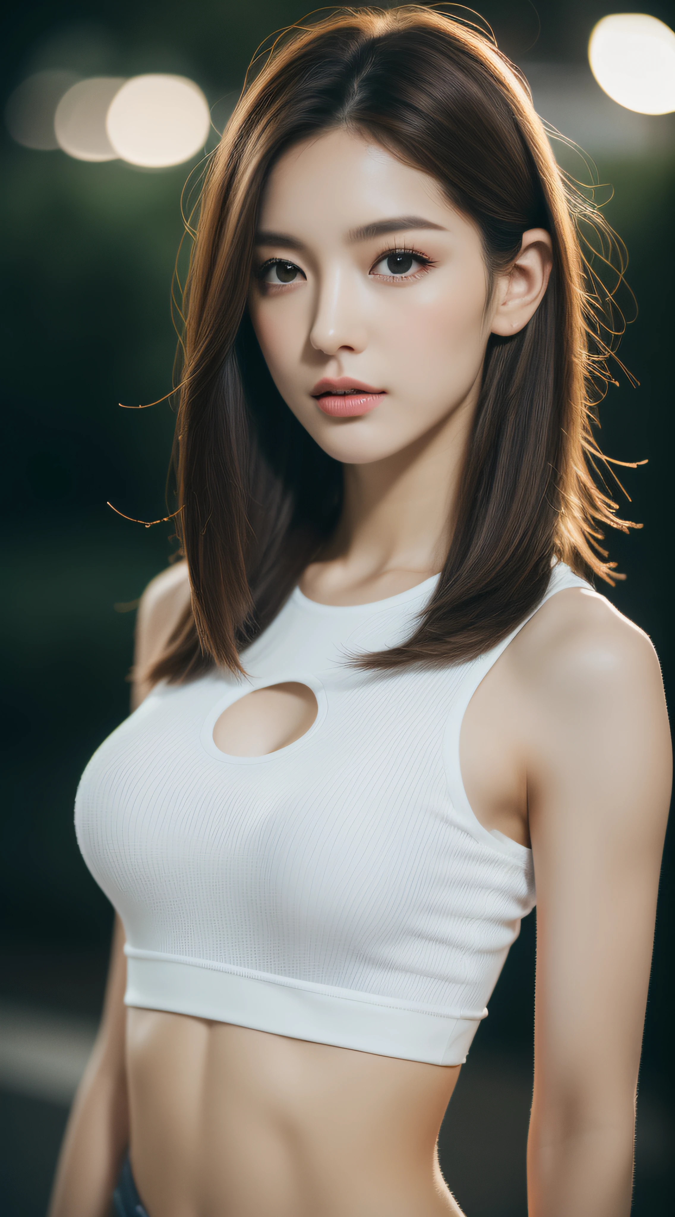 ((Realistic lighting, Best quality, 8K, Masterpiece: 1.3)), Clear focus: 1.2, 1girl, Perfect beauty: 1.4, Slim abs: 1.1, ((Dark brown hair)), (White crop top: 1.4), (Outdoor, Night: 1.1), Park view, Super fine face, Fine eyes, Double eyelids,