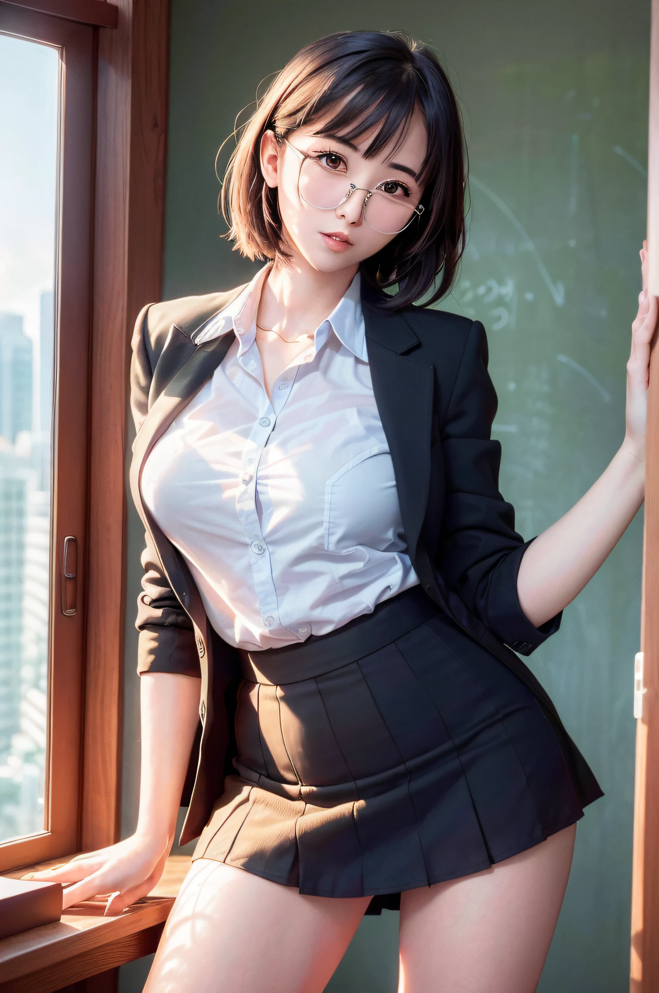 25 years old woman(glasses eyes), milf, ((at classroom)), ((school uniform)), RAW photo, (photorealistic:1.37, realistic), highly detailed CG unified 8K wallpapers, 1girl, ((perfect body:1.1)), (medium breasts:1.2) , looking at viewer, (((straight from front))), (HQ skin:1.2, shiny skin), 8k uhd, dslr, soft lighting, high quality, film grain, Fujifilm XT3, ((full body:0.8)), (professional lighting:1.4) ,