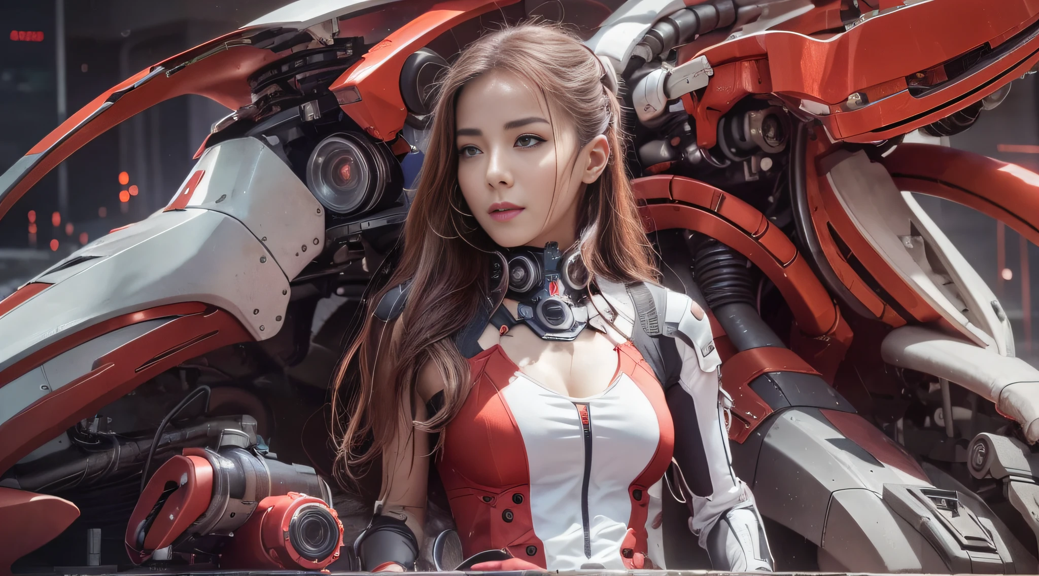 Highest image quality，Outstanding details，超高分辨率，（Fidelity：1.4），The best illustration，Favor the details，closeup cleavage，A mech girl，He has a delicate and beautiful face，（（Red and white semi-mechanical body：1.8）），Raised sexy，cleavage，frontage，cyber punk perssonage，Futuristic，mechanically aesthetic，Complex machinery，The background is a high-tech lighting scene in the future city，Virtual Engine 5，Perfect detail rendering，rendering by octane，hyper HD