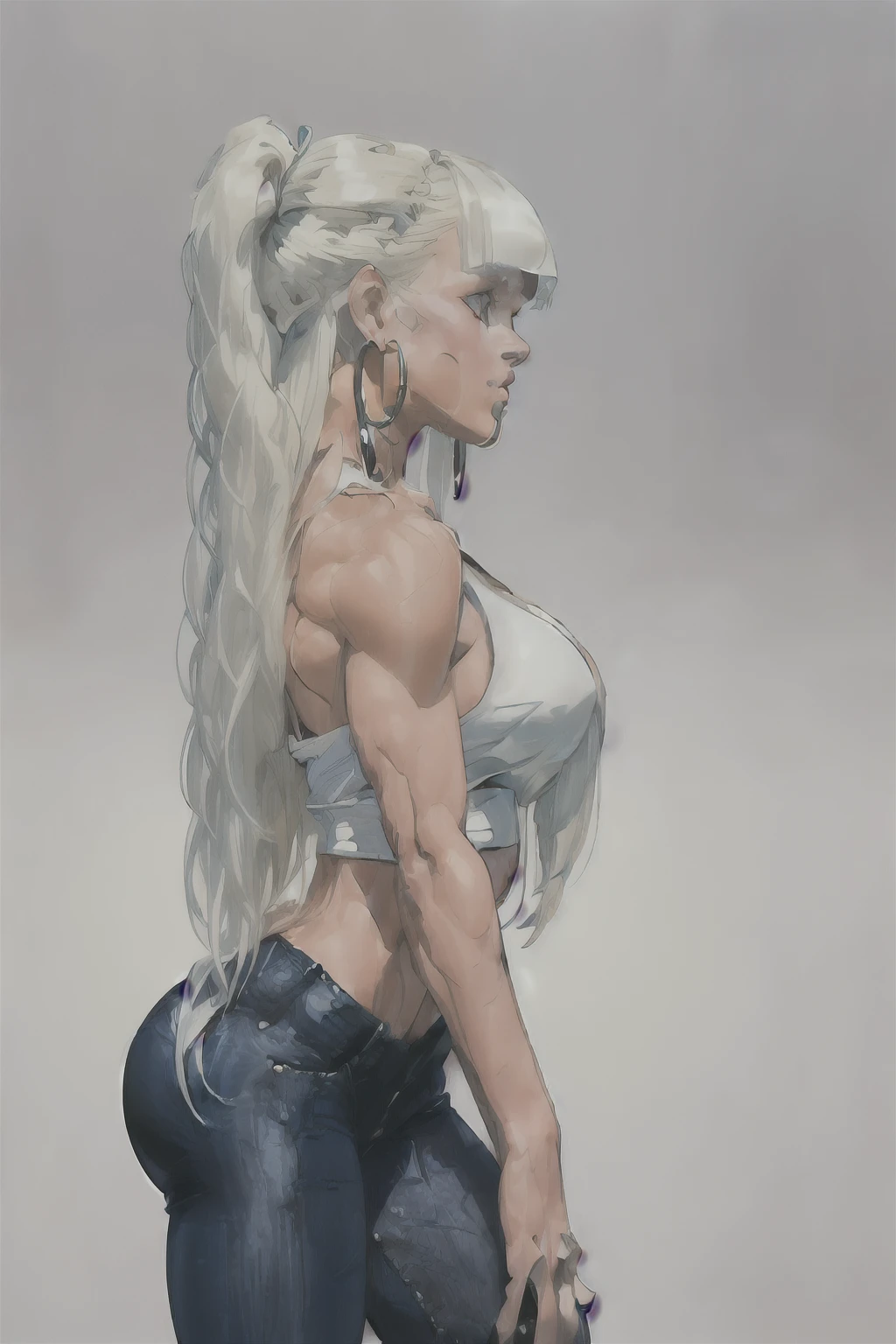 (3/4 view:1.8)(masterpiece:1.2, best quality), 1lady, solo, upper body, big tits, wide hips,
light blue wash skinny jeans, white tank top, midriff exposed, high heel boots
Loose waves, platinum blonde, (long hair bangs:1.6), long ponytail,
simple hoop earrings, highly detailed face, skin texture, full lips, detailed eyes