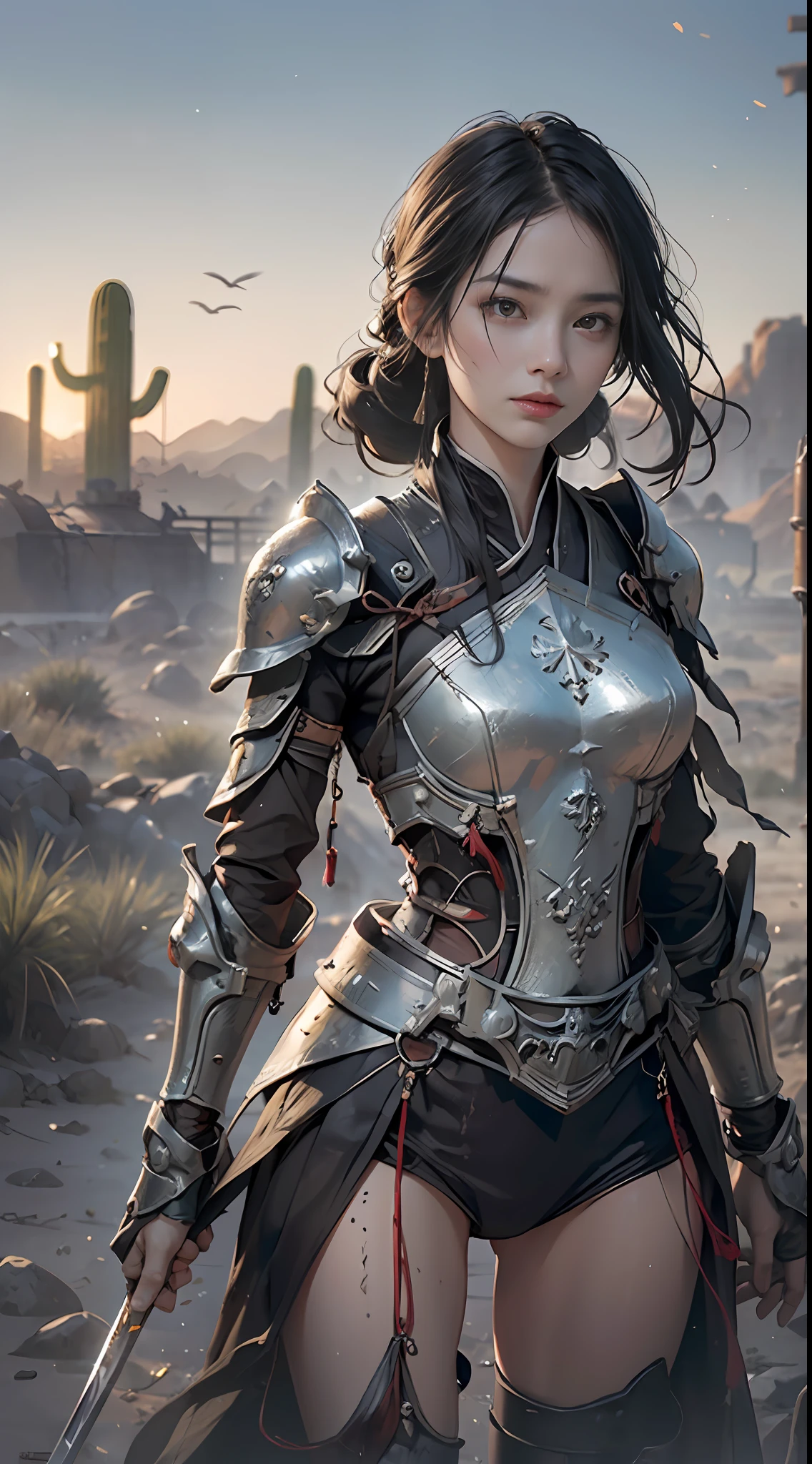 8k wallpaper,ultra - detailed,rich details,ultraclear,8K,,Best quality at best,best qualtiy,mistic,1 female warrior,Black armor,Ancient Chinese general armor,(((Sword in hand))),facing to audience,(((A withered battlefield,废墟,run-down,Wasteland,barren,A desert))),Sadness outside,battlefiled,ancient battle field,,((the night,Dimly lit,Dark 1.3)),Whole body diagram
