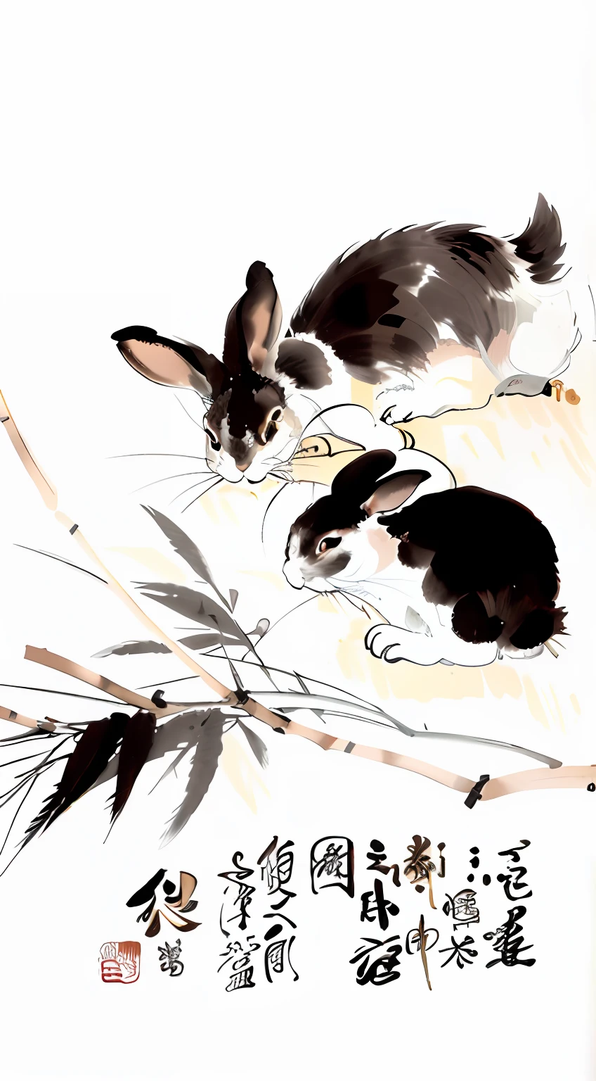 There are two rabbits sitting on a branch on a bamboo branch, Rabbits, author:Fu Miao, author:Cui Bai, chinese brush pen illustration, By Shen Quan, Traditional Chinese painting, inspired by Shūbun Tenshō, author:Gong Kai,Full moon in mid-autumn