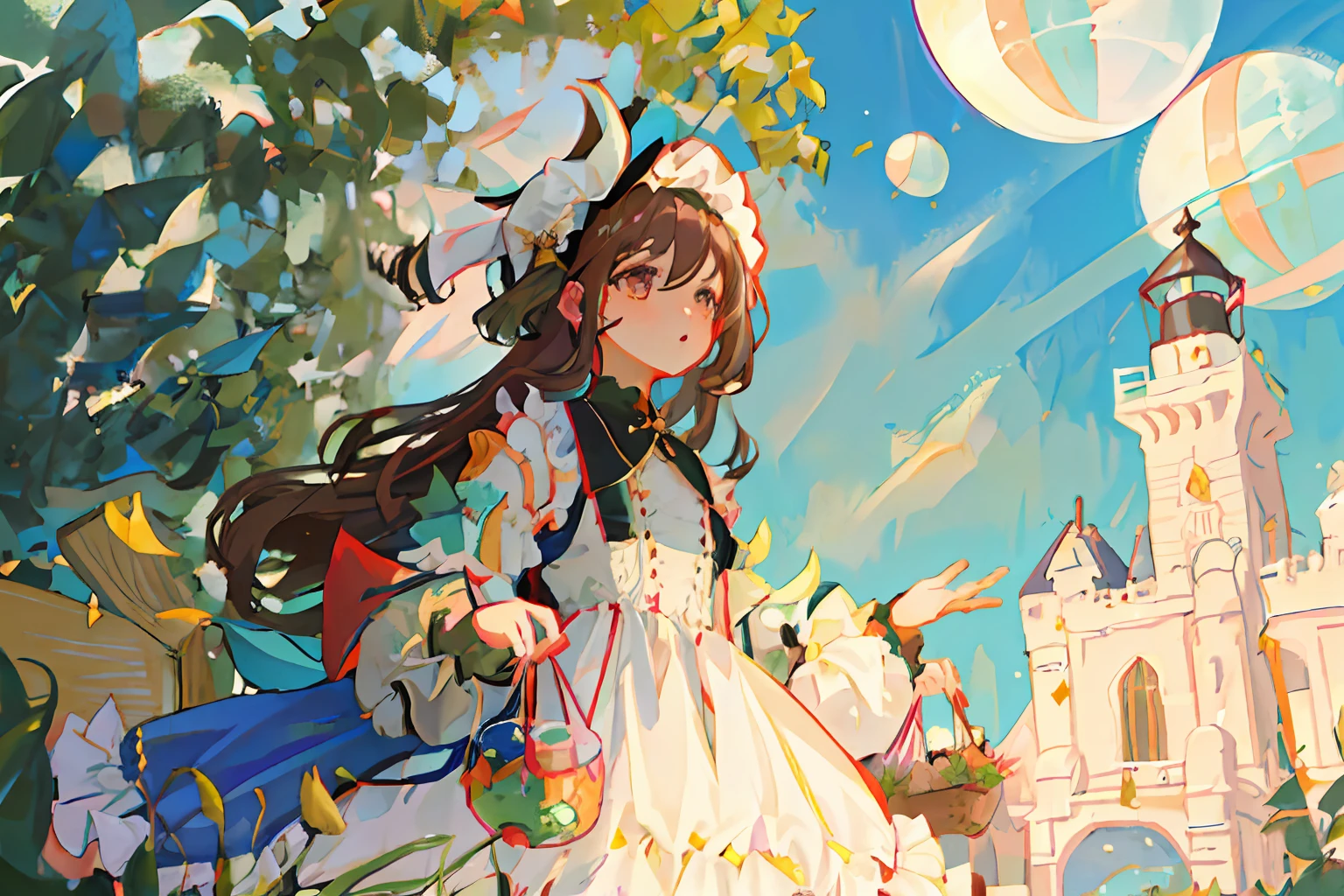Young, Young girls, A beautiful girl, Perfect face, victorian age, Noble dress, Gothic style, complicated decoration, soft rim light, Beautiful detailed sky, Adonna Khare, Masterpiece, 超高分辨率, High quality, 4K,  2 girls, girls in the distance, Hair Bow, Long hair, Outdoors, Puffy sleeves, Fluffy dresses, dress, bonnet,Ultra-detailed, Brown hair, Cute dress, Great White Storm Cloud, Greenery, Color splattering, Doll toys, Colorful dress, book, A confused look, lighthouse, sonoko, uni, spheres, Far away,