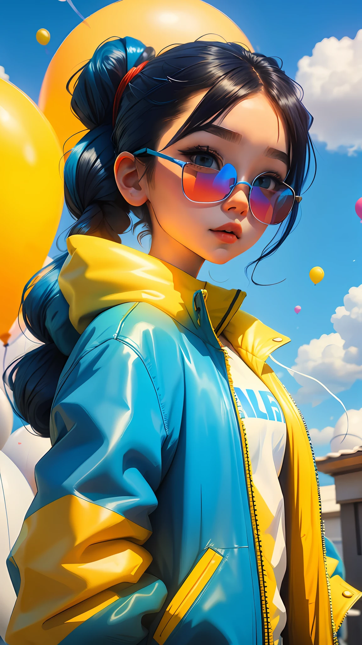 Loli girl, beautiful and cute, wearing blue sunglasses, yellow jacket, white sweatshirt, lots of colorful balloons, baby face, chibi style, red and blue two-color hair, ponytail braided hair, perfect detail eyes, delicate face, perfect CG, HD picture quality, colorful balloons, sky,