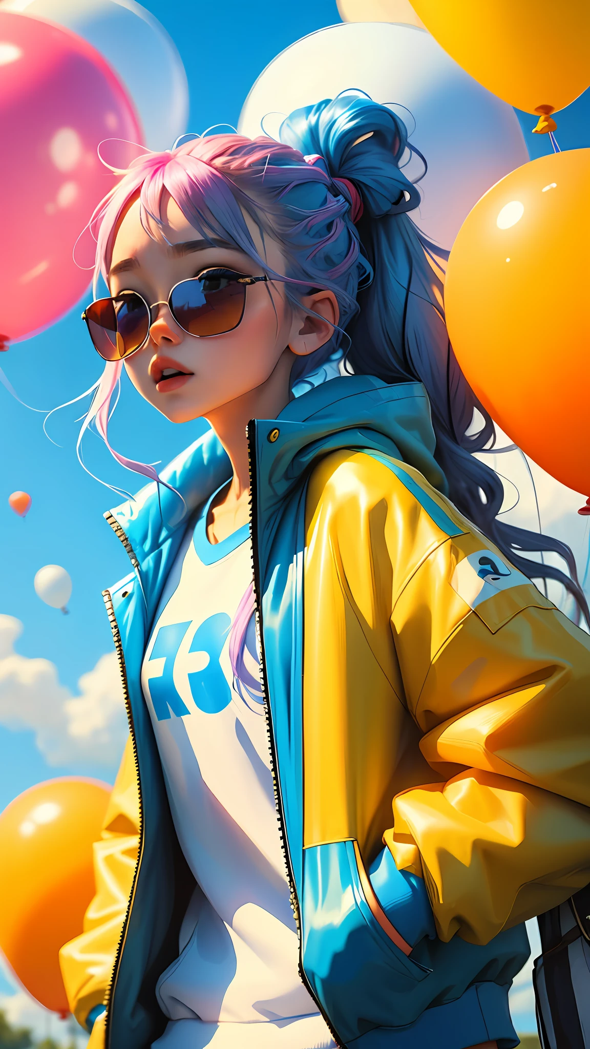 Loli girl, beautiful and cute, wearing blue sunglasses, yellow jacket, white sweatshirt, lots of colorful balloons, baby face, chibi style, red and blue two-color hair, ponytail braided hair, perfect detail eyes, delicate face, perfect CG, HD picture quality, colorful balloons, sky,