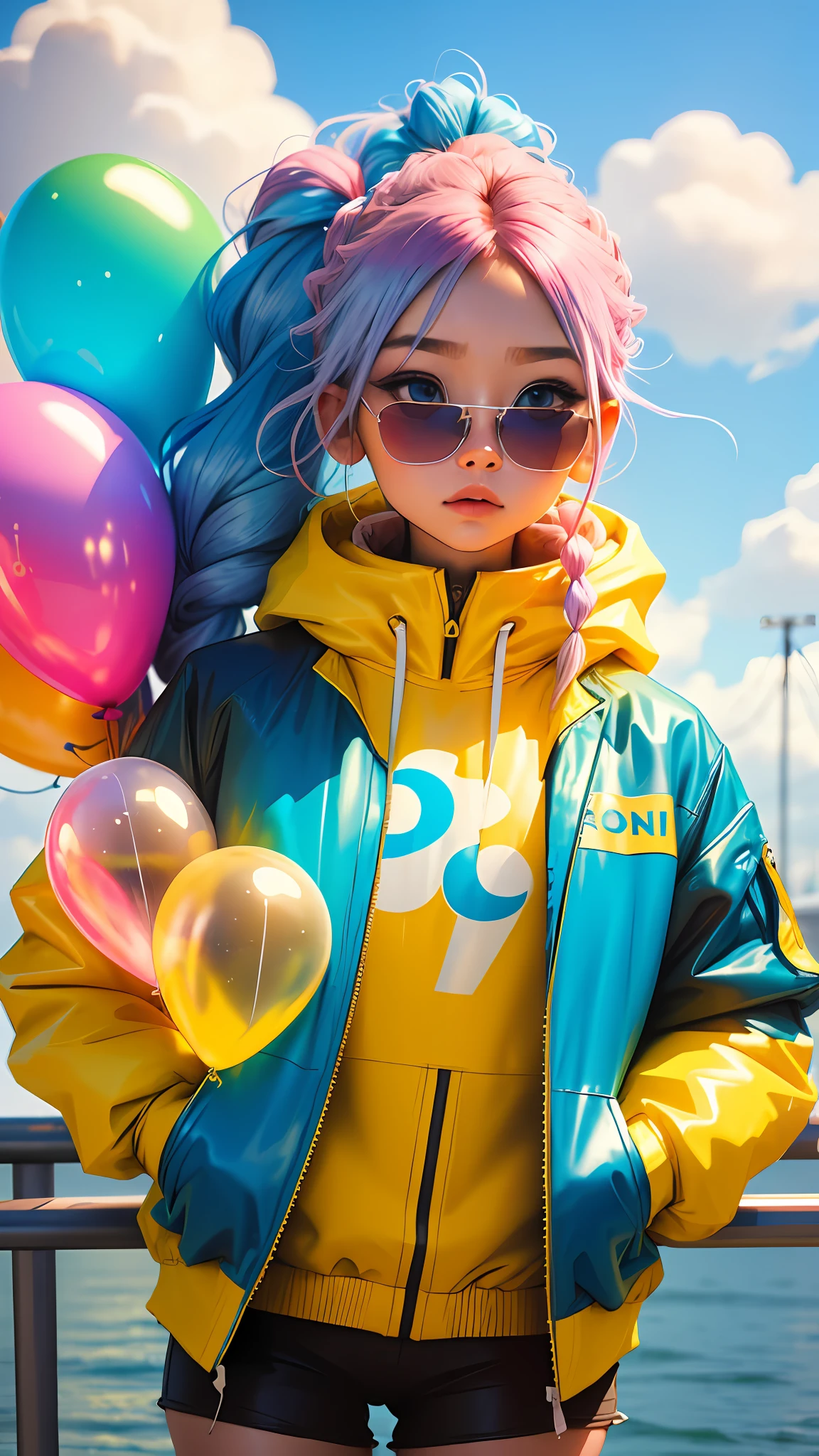 Loli girl, beautiful and cute, wearing blue sunglasses, yellow jacket, white sweatshirt, lots of colorful balloons, baby face, chibi style, red and blue two-color hair, ponytail braided hair, perfect detail eyes, delicate face, perfect CG, HD picture quality, colorful balloons, sky,