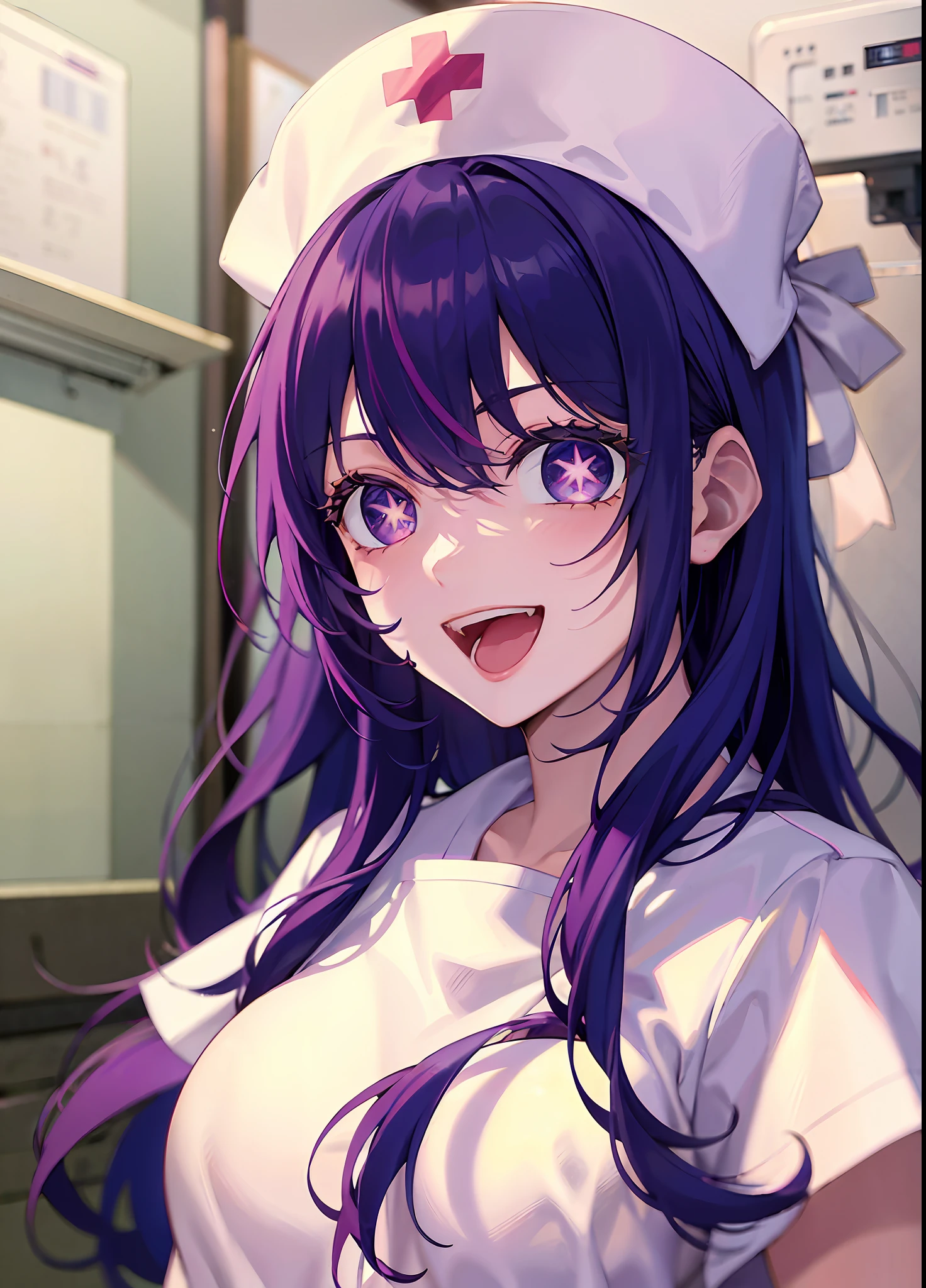 one-girl,nurses((There is a five-pointed star in the eye))Gorgeous Hair in Long Purple,Smile,Open mouth ,nurses,hospitals,White nurse clothes,White nurse hat,looki at viewer,blood