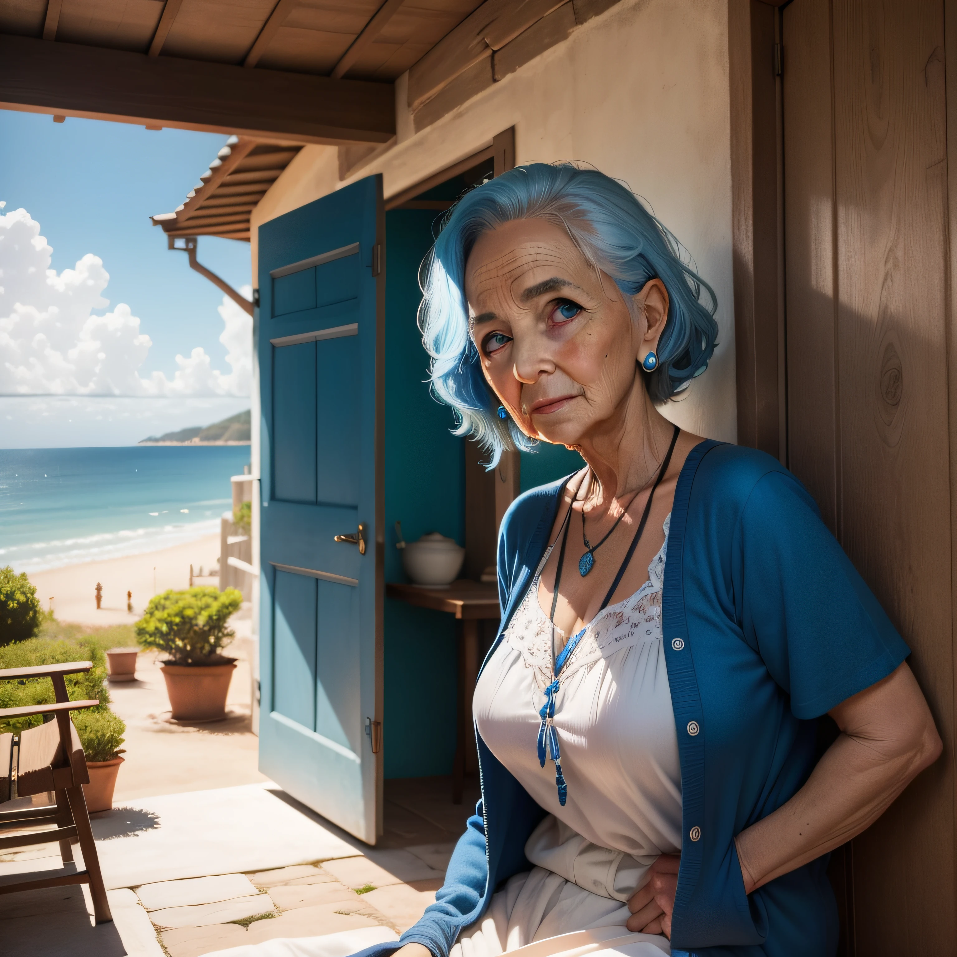 Idosa de 70 anos, olhos azuis, colar com pingente azul, sentada em uma cadeira, casa rustica ao fundo, quadro pendurado