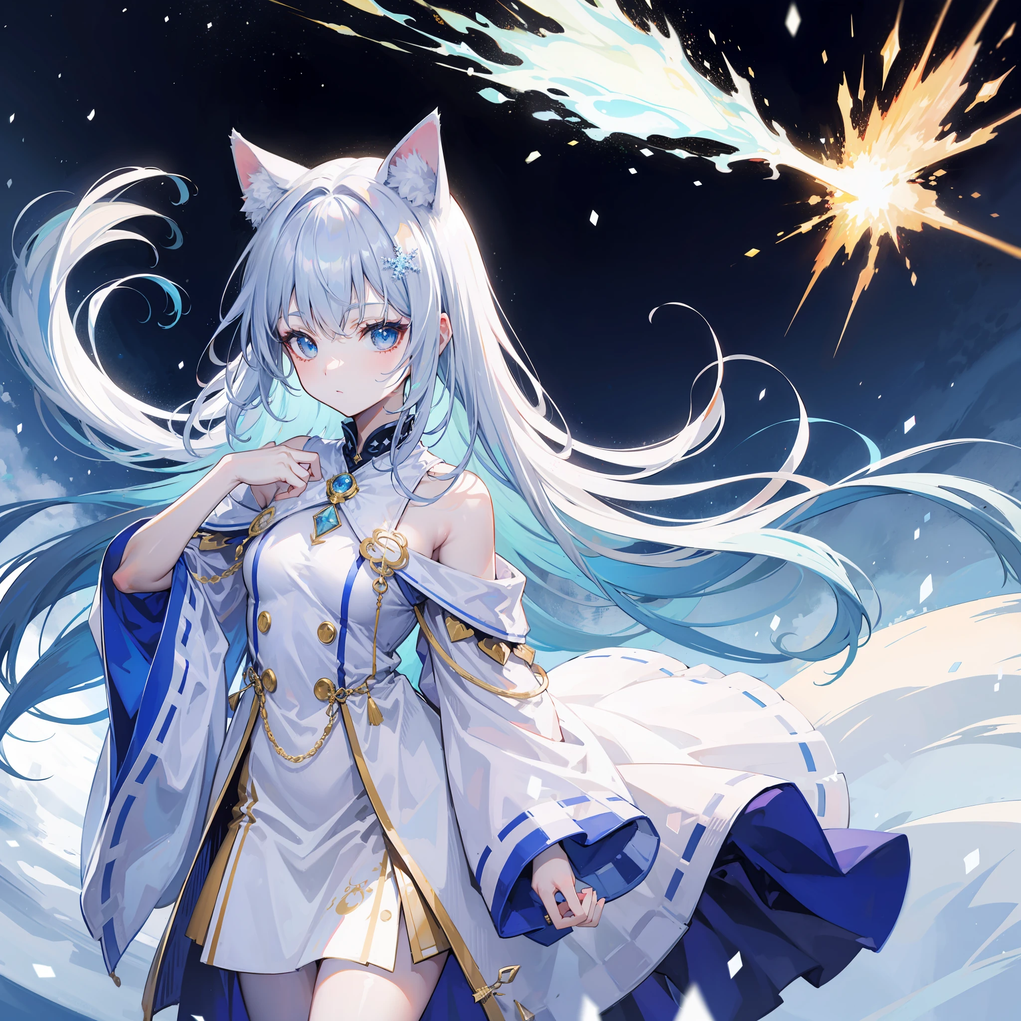 masutepiece,Best Quality,ultra-detailliert,Two hands,Two legs,Five Fingers,best faces,1 girl,Light blue long hair,timid,Cat ears,pale blue eyes, Height 145cm,small tits,Cat tail,white robes,Bejeweled walls,White Witch Hat,snow blowing,cosmic space,Snowflake