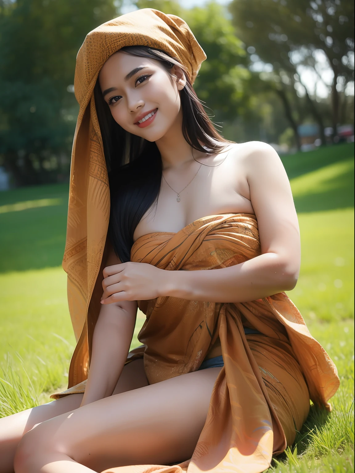 1girl, (sarong_dress), (batik), sunlight, sitting, nature, outdoors, on grass, hat, detailed face, detailed eyes, huge breasts, shiny skin, looking at the audience, (laughing cute: 1.2), (happy), (8k, RAW photo, best quality, masterpiece: 1.2), (realistic, realistic: 1.37), ultra-high resolution,