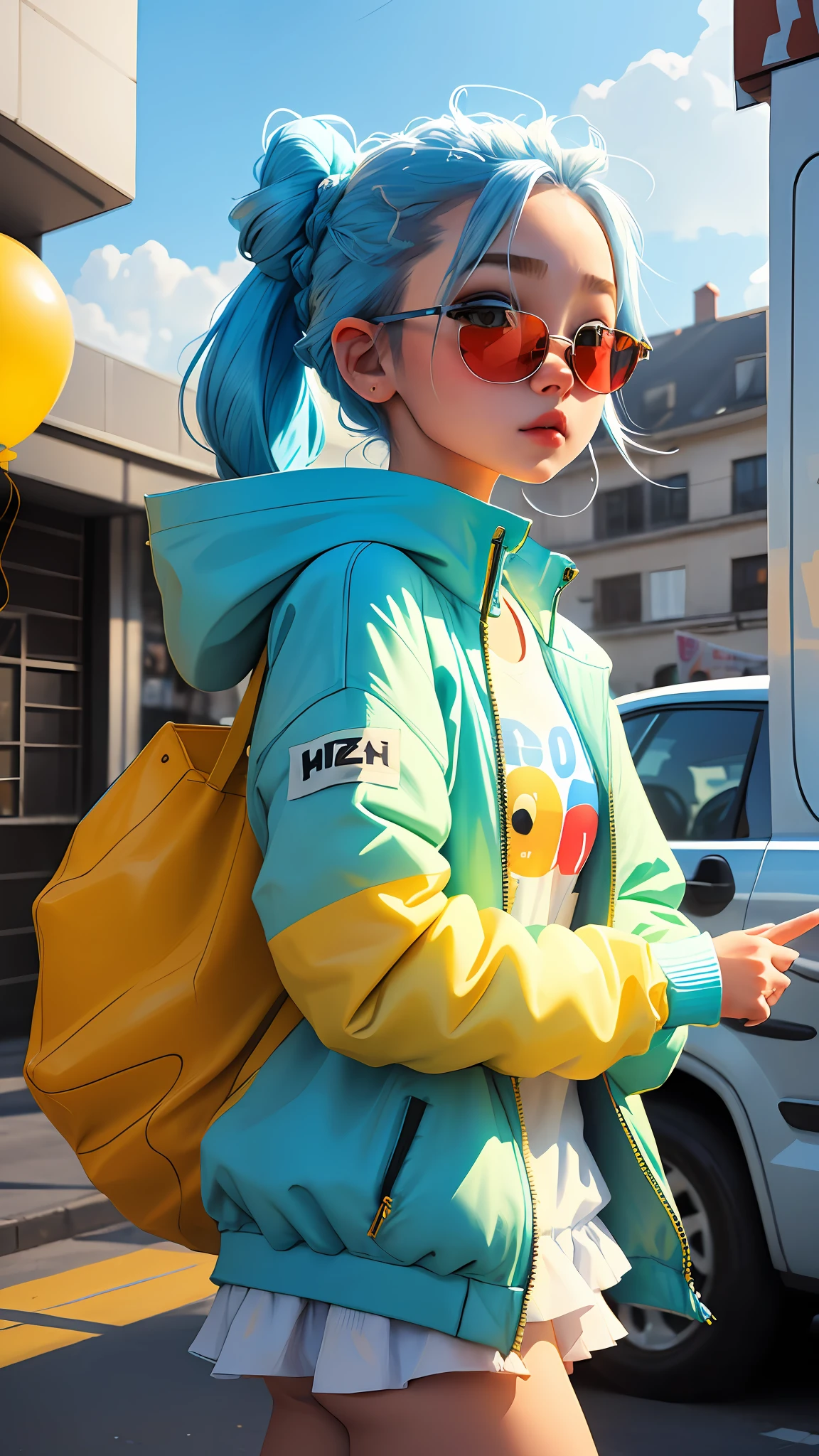 girl, beautiful and cute, wearing blue sunglasses, yellow jacket, white sweatshirt, lots of colorful balloons, baby face, chibi style, red and blue two-color hair, ponytail braided hair, perfect detail eyes, delicate face, perfect CG, HD picture quality, colorful balloons, sky, a white truck parked in front of a building,