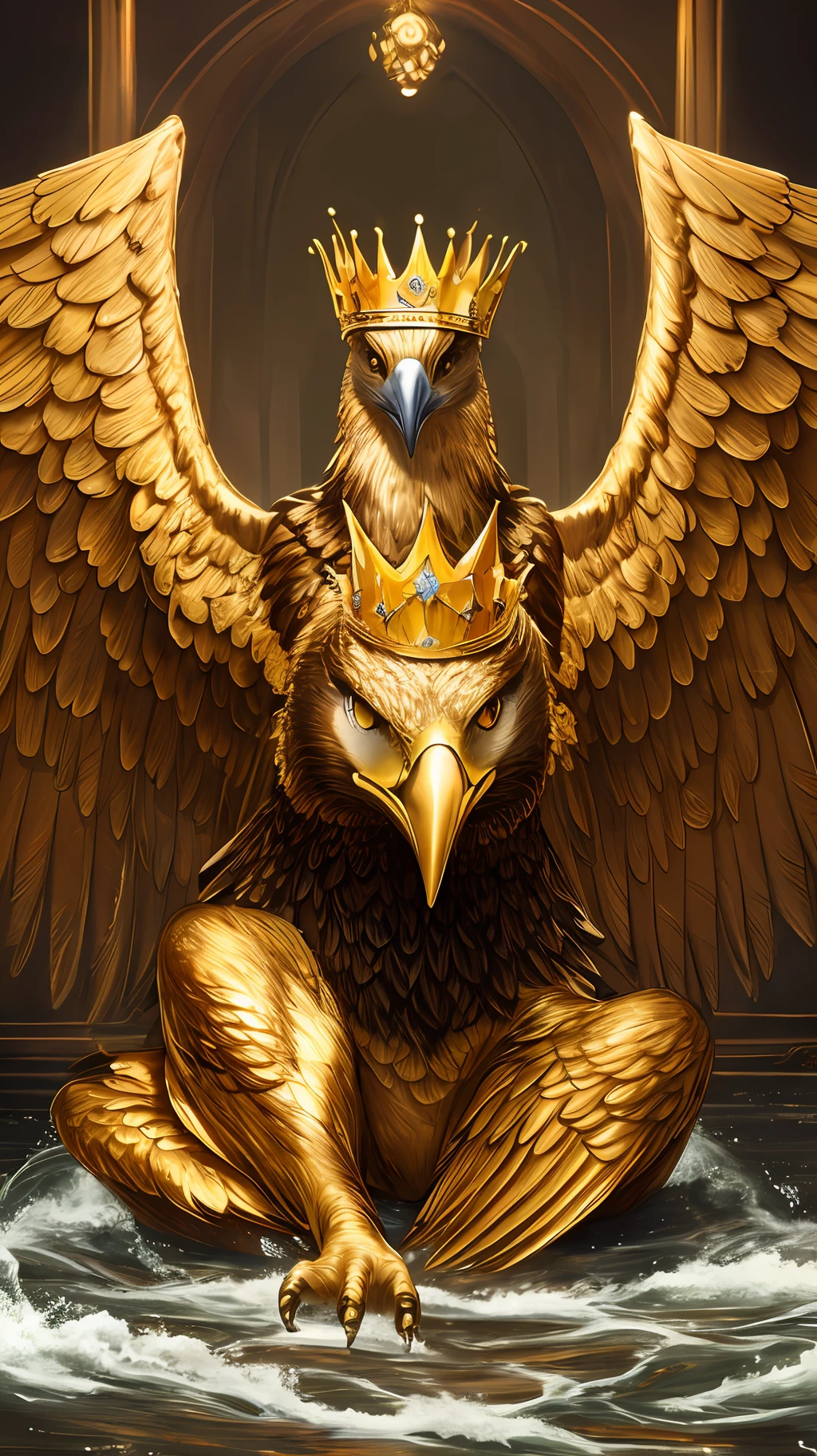 A huge giant golden eagle, with a diamond-studded crown on its head, eyes red, sitting in spreading wings, sitting on a tree inside a giant palace, wings of gold, legs of gold, mind-blowing golden eagle, exquisite, golden stream flowing from eyes, big beak, wallpaper, 8k quality, --auto