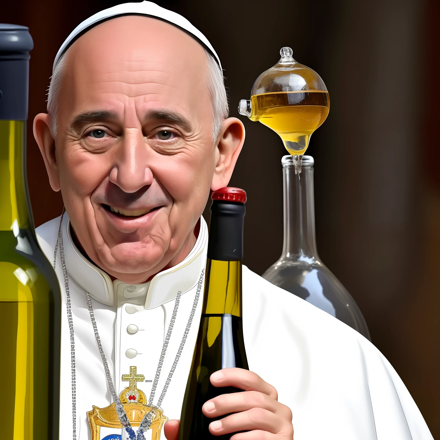 Papa Francisco bebiendo vino desde el pico de la botella ,muy realista, alta calidad, 8k resolution Photorealistic masterpiece