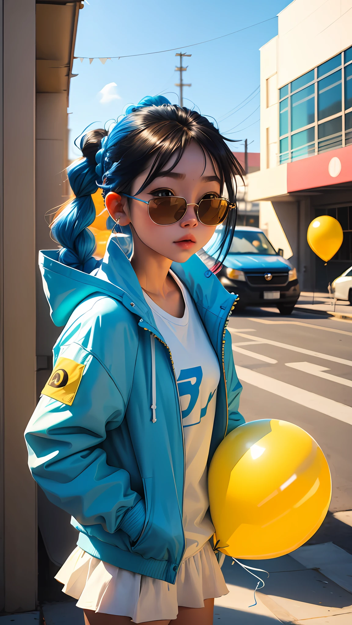 Loli girl, beautiful and cute, wearing blue sunglasses, yellow jacket, white sweatshirt, lots of colorful balloons, baby face, chibi style, red and blue two-color hair, ponytail braided hair, perfect detail eyes, delicate face, perfect CG, HD picture quality, colorful balloons, sky, a white truck parked in front of a building,