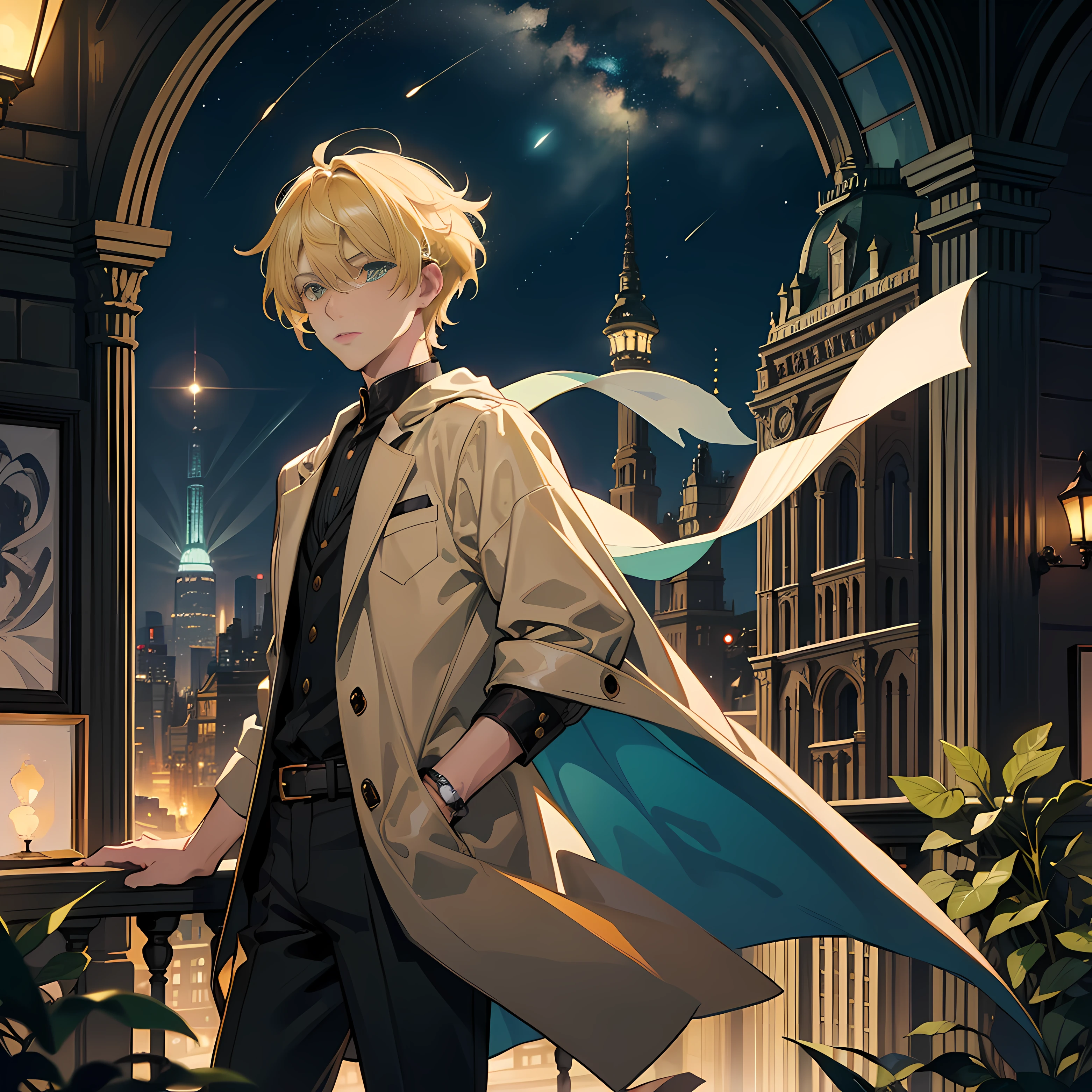 (masterpiece, top quality, best quality, handsome, good-looking:1.2), extremely detailed, detailed background, anime, 1boy ((blonde hair)) (green eyes), (casual clothes) young boy night, starry sky, greenhouse, megastructure, bio-dome, landscape, scenery, horizon, rooftop, sitting on the rooftop, wind, looking away, atmospheric lighting, solo focus, (close up), from the side, depth of field, bokeh