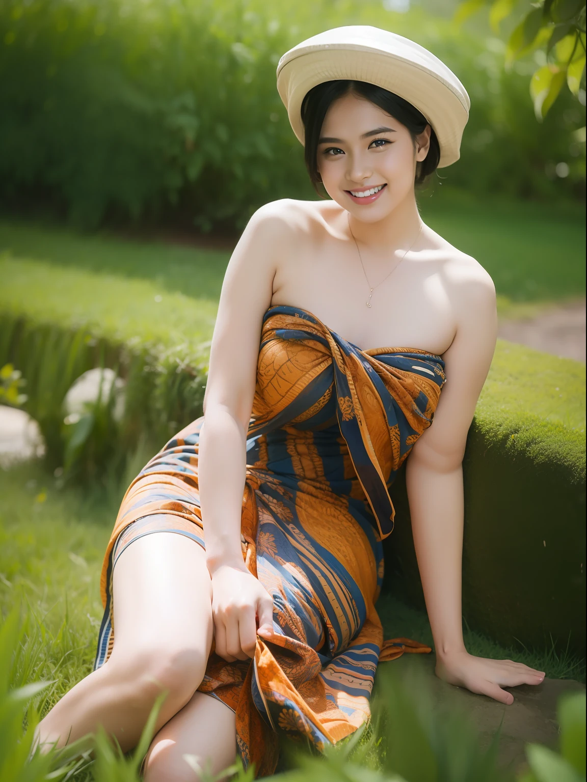 1girl, (blue sarong_dress), (batik), sunlight, sitting, nature, outdoors, on grass, hat, detailed face, detailed eyes, huge breasts, shiny skin, looking at the audience, (laughing cute: 1.2), (happy), (8k, RAW photo, best quality, masterpiece: 1.2), (realistic, realistic: 1.37), ultra-high resolution,