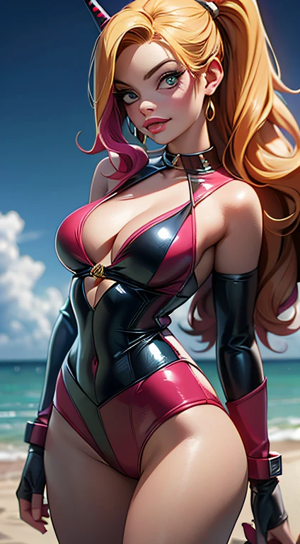 margot robbie as a gorgeous Harley Quinn standing on sand, wind in the hair, (8k:1.2)