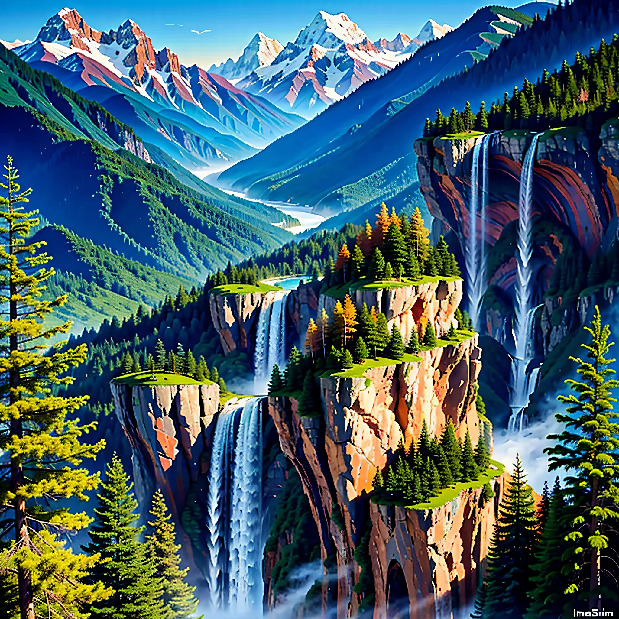 "A breathtaking painting masterpiece capturing the majestic mountains, lush trees, and cascading waterfall in ultra-detailed and hyper quality, evoking a vibrant and colorful landscape. Created by the talented artist Ivan Shiskin."