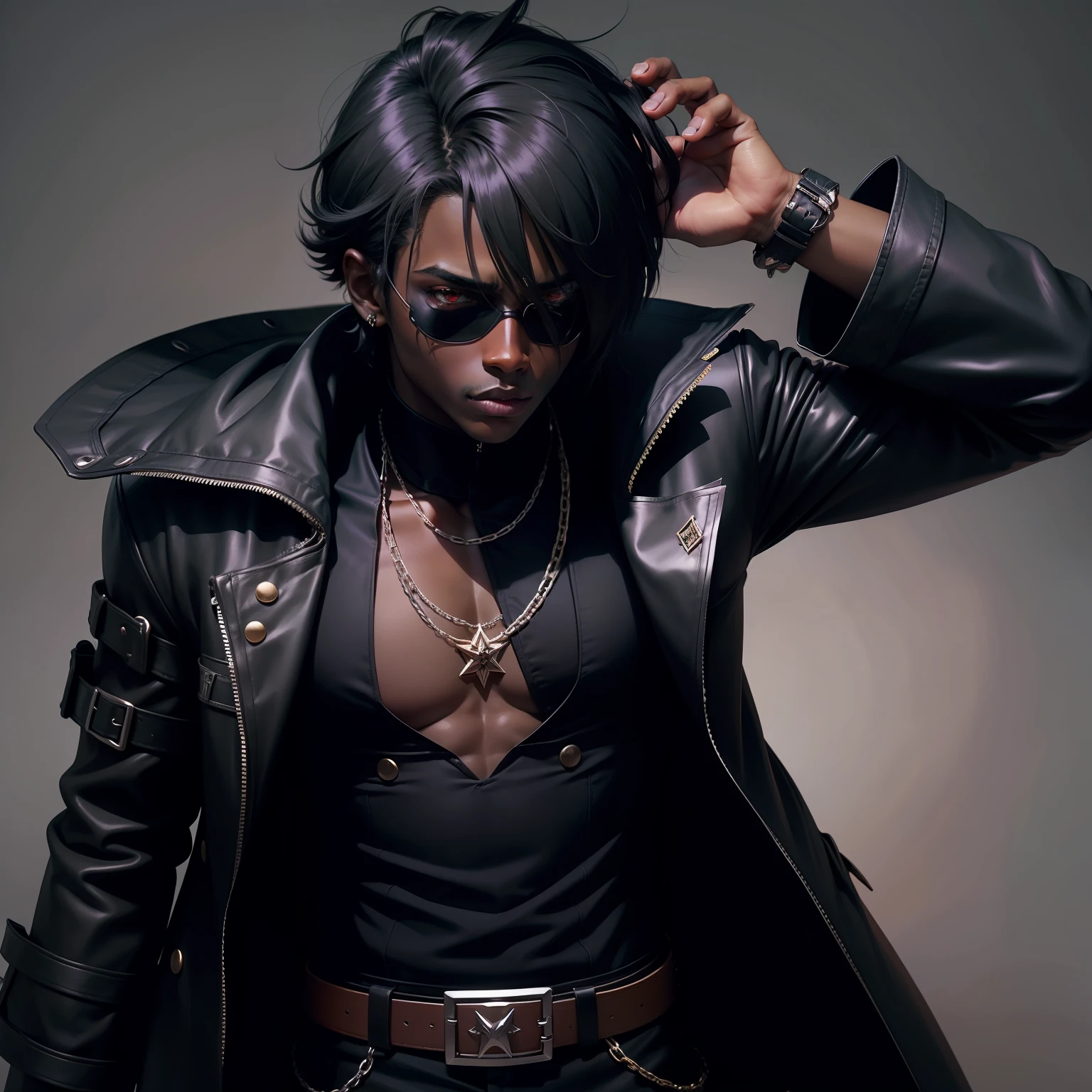 Dark skin boy with a eye patch dressed like a dark lord in anime style