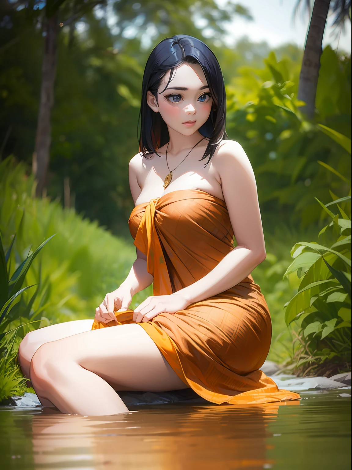 anime, 1girl, (blue sarong_dress), (batik), sunlight, sitting, nature, outdoors, on grass, detailed face, detailed eyes, huge breasts, shiny skin, looking at the audience