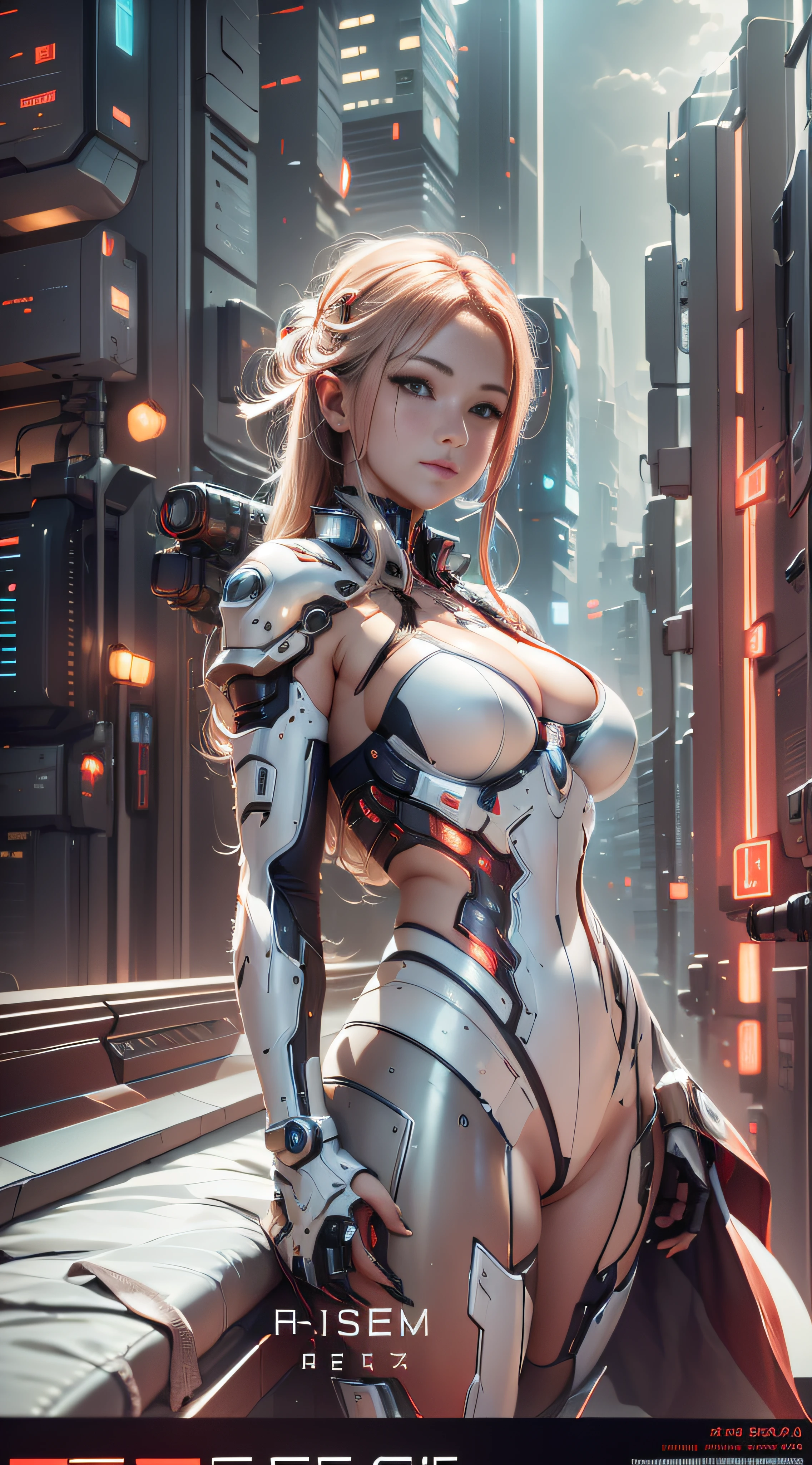 Highest image quality,Outstanding details,超高分辨率,(Fidelity:1.4),The best illustration,Favor the details,closeup cleavage,A mech girl,He has a delicate and beautiful face,((Red and white semi-mechanical body:1.8)),Raised sexy,cleavage,frontage,cyber punk perssonage,Futuristic,mechanically aesthetic,Complex machinery,The background is a high-tech lighting scene in the future city,Virtual Engine 5,Perfect detail rendering,rendering by octane,hyper HD
