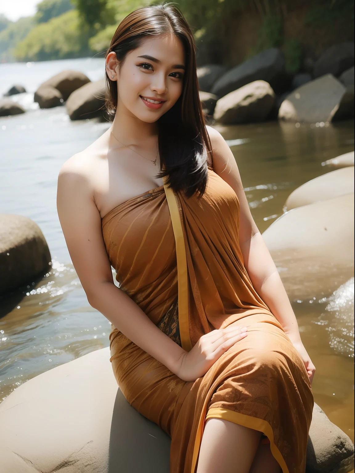 1girl, (sarong_dress), (batik), sunlight, sitting, nature, outdoors, river, detailed face, detailed eyes, huge breasts, shiny skin, looking at the audience, (laughing cute: 1.2), (happy), (8k, RAW photo, best quality, masterpiece: 1.2), (realistic, realistic: 1.37), ultra-high resolution,